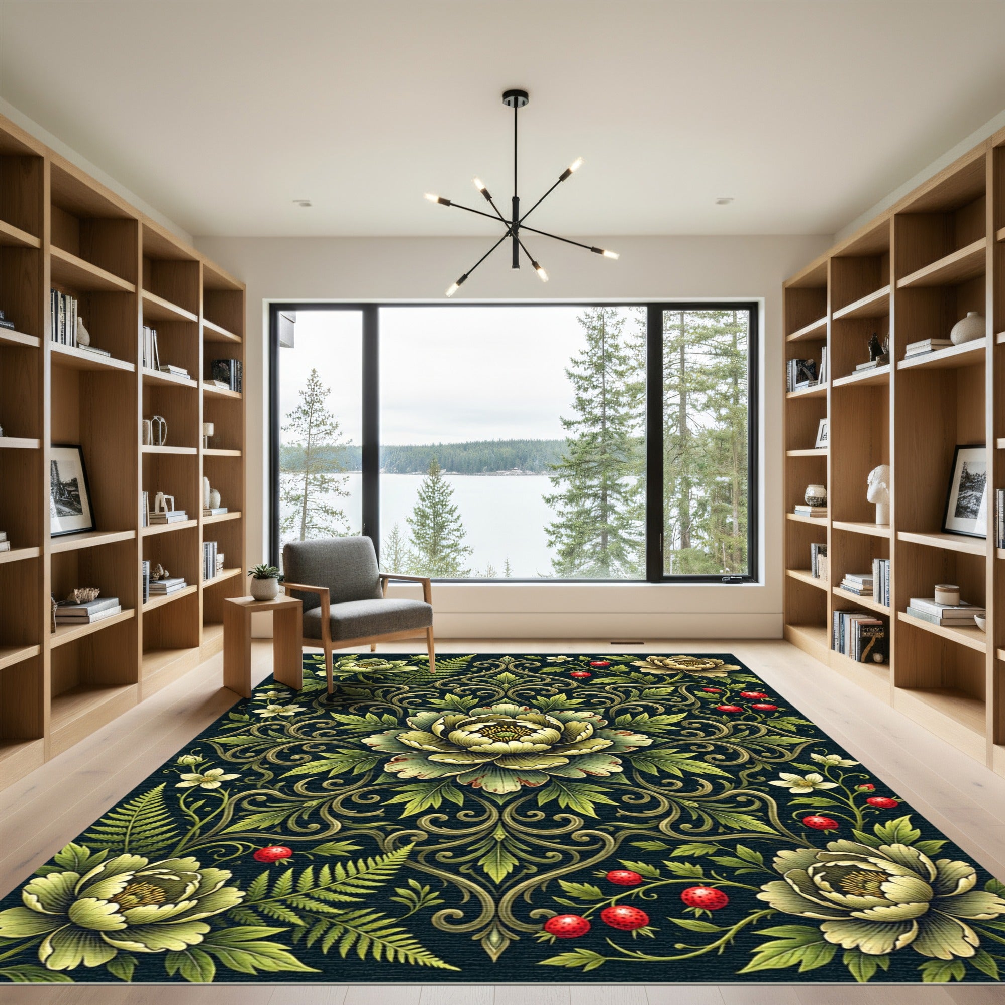 Dark Botanical Peony Fern Strawberry Rug