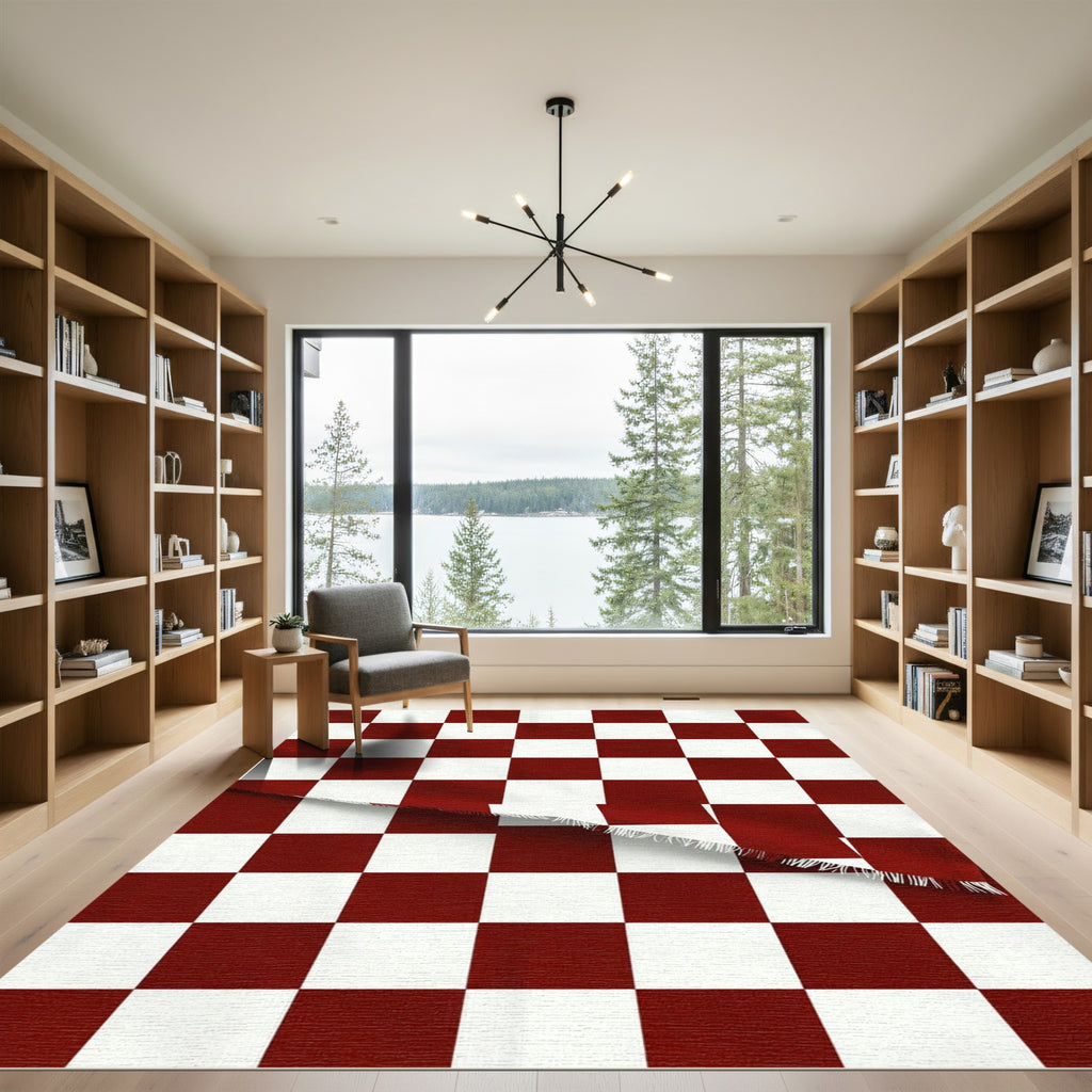 Bold Crimson and White Checkerboard Rug