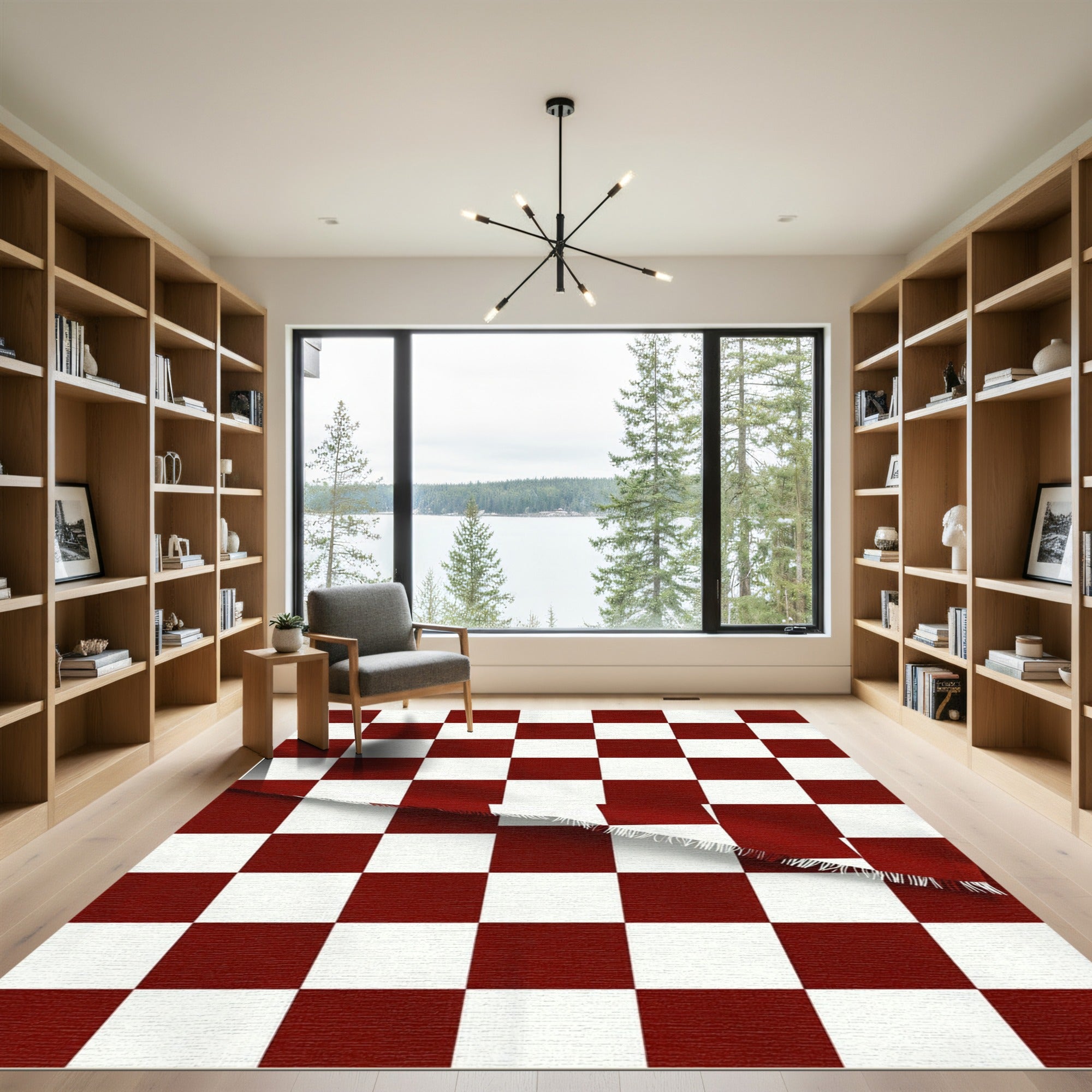 Bold Crimson and White Checkerboard Rug