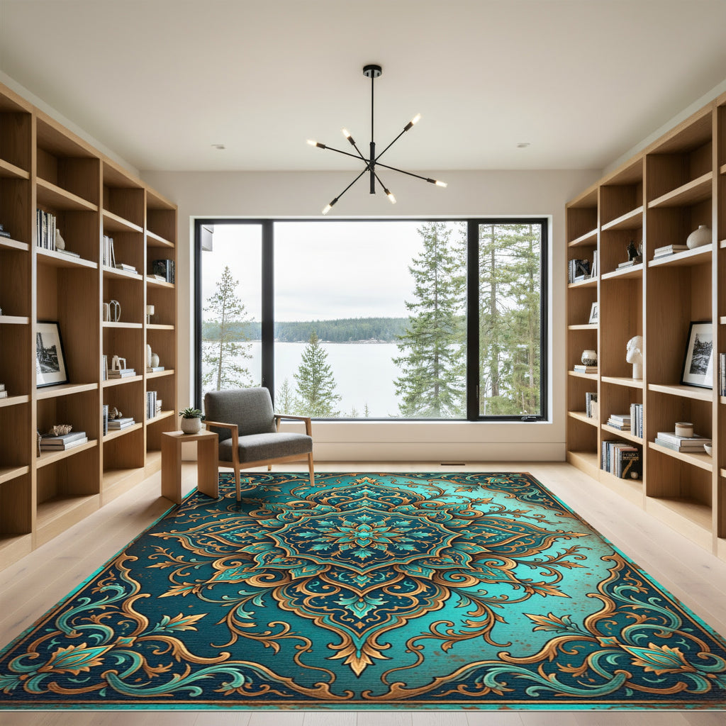 Elegant Teal Gold Filigree Floral Medallion Rug