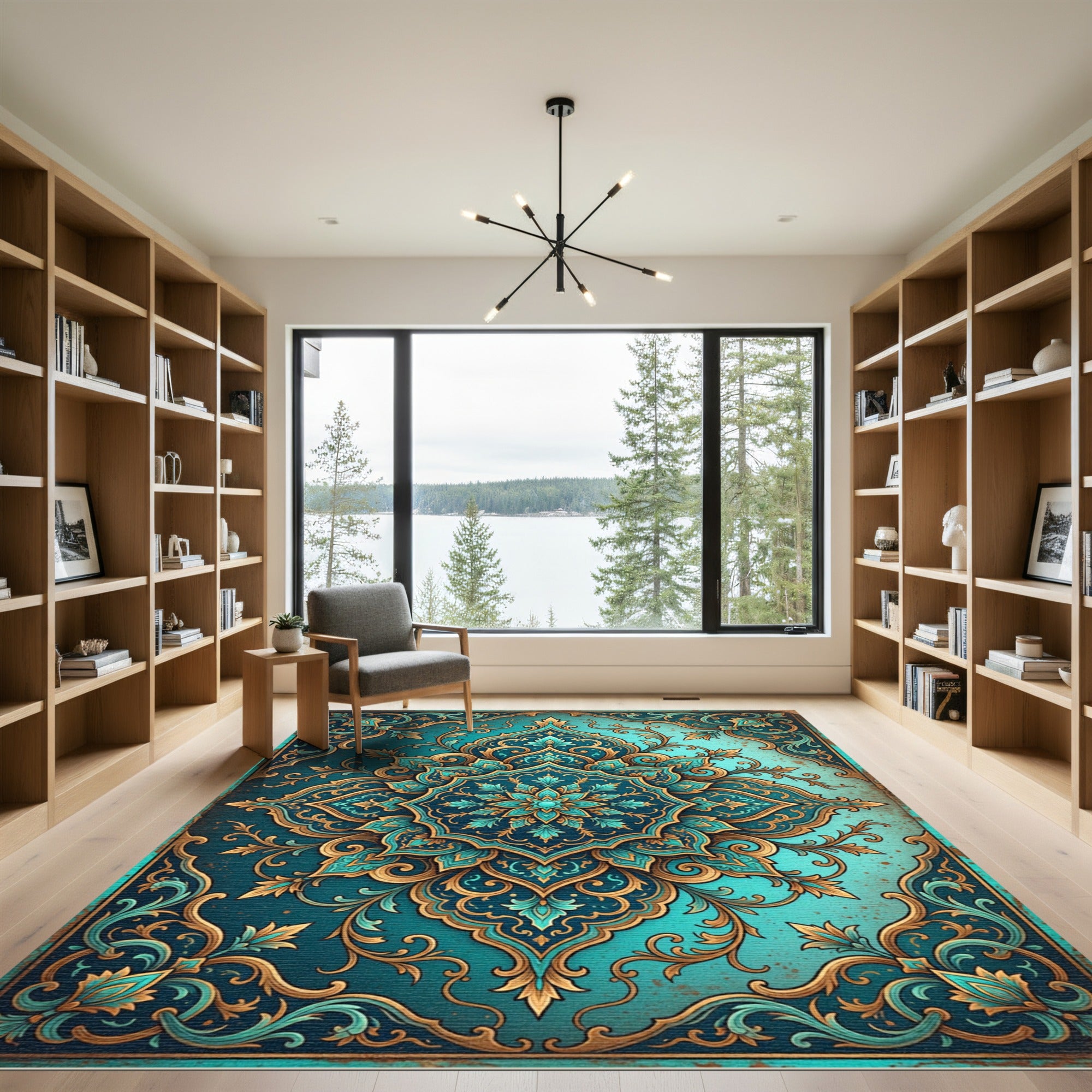 Elegant Teal Gold Filigree Floral Medallion Rug