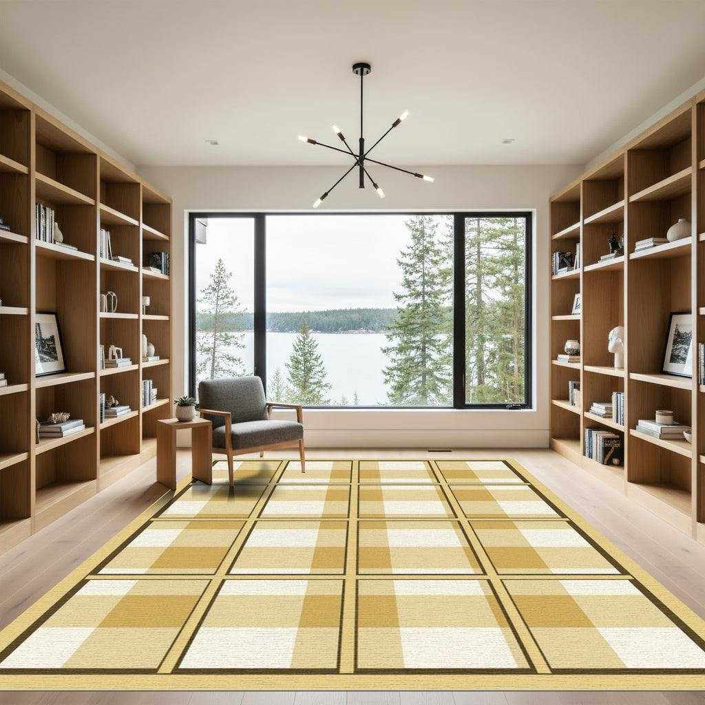 Modern Golden Plaid Grid Checkered Rug