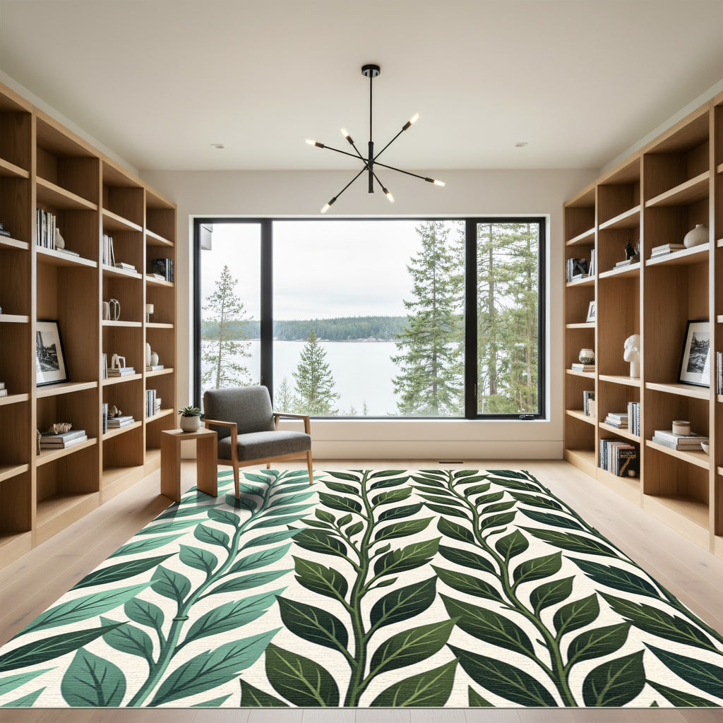 Teal Jade Branch Leaf Pattern Rug