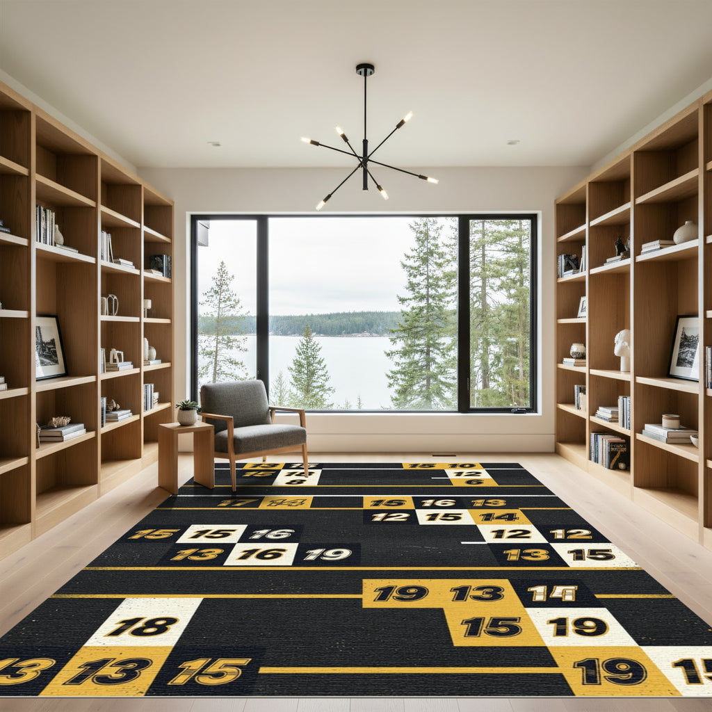 Modern Black Gold Numeric Geometric Grid Rug