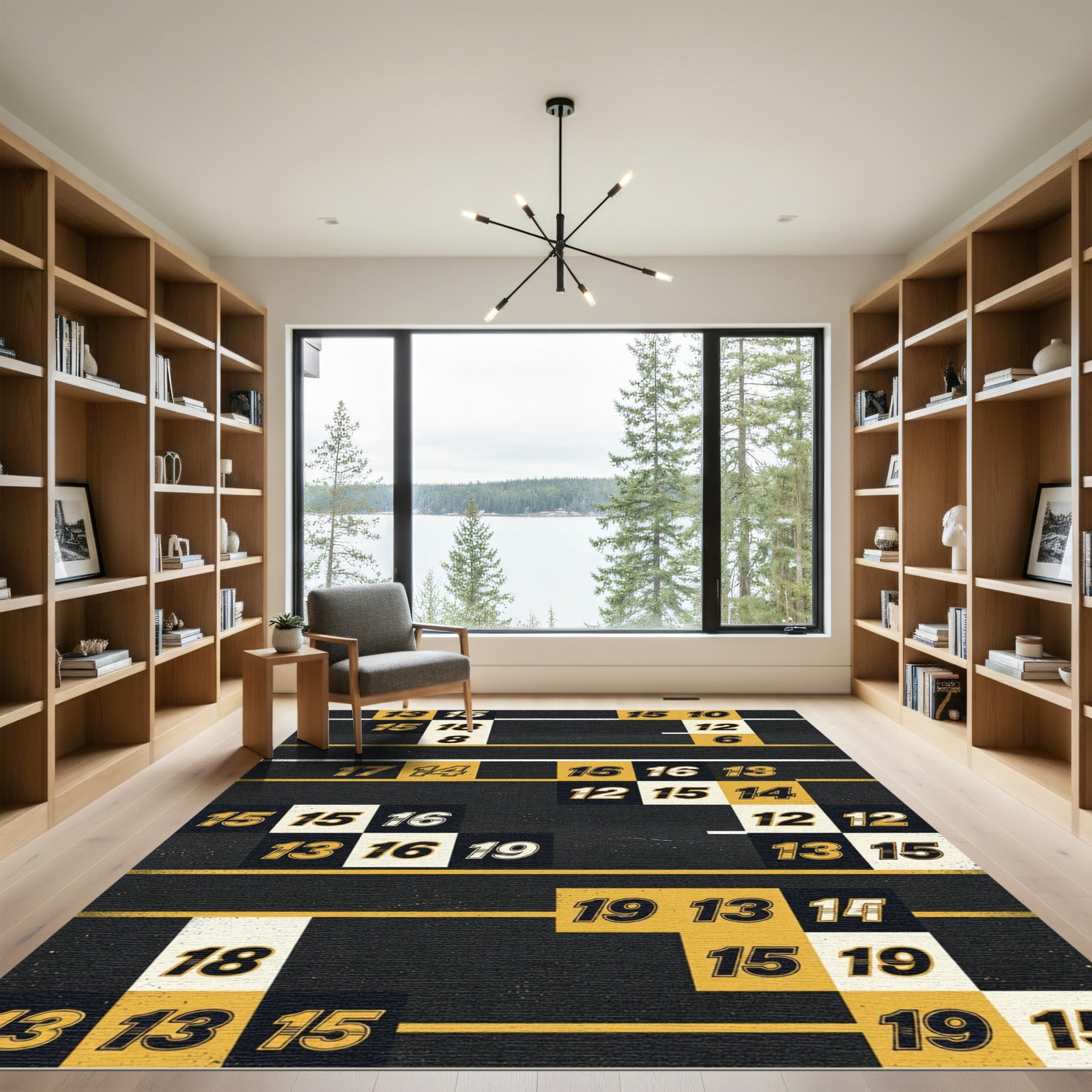 Modern Black Gold Numeric Geometric Grid Rug