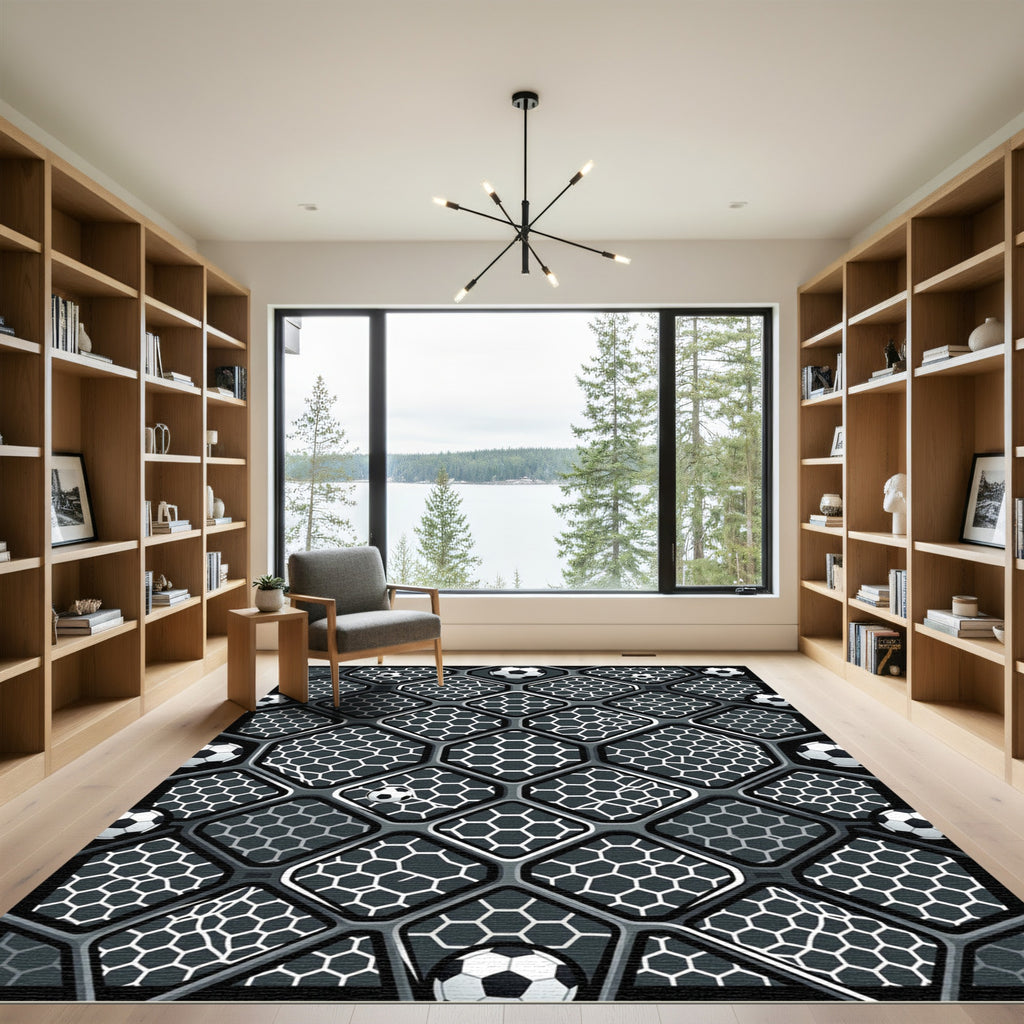 Modern Monochrome Soccer Field Hexagon Geometric Rug
