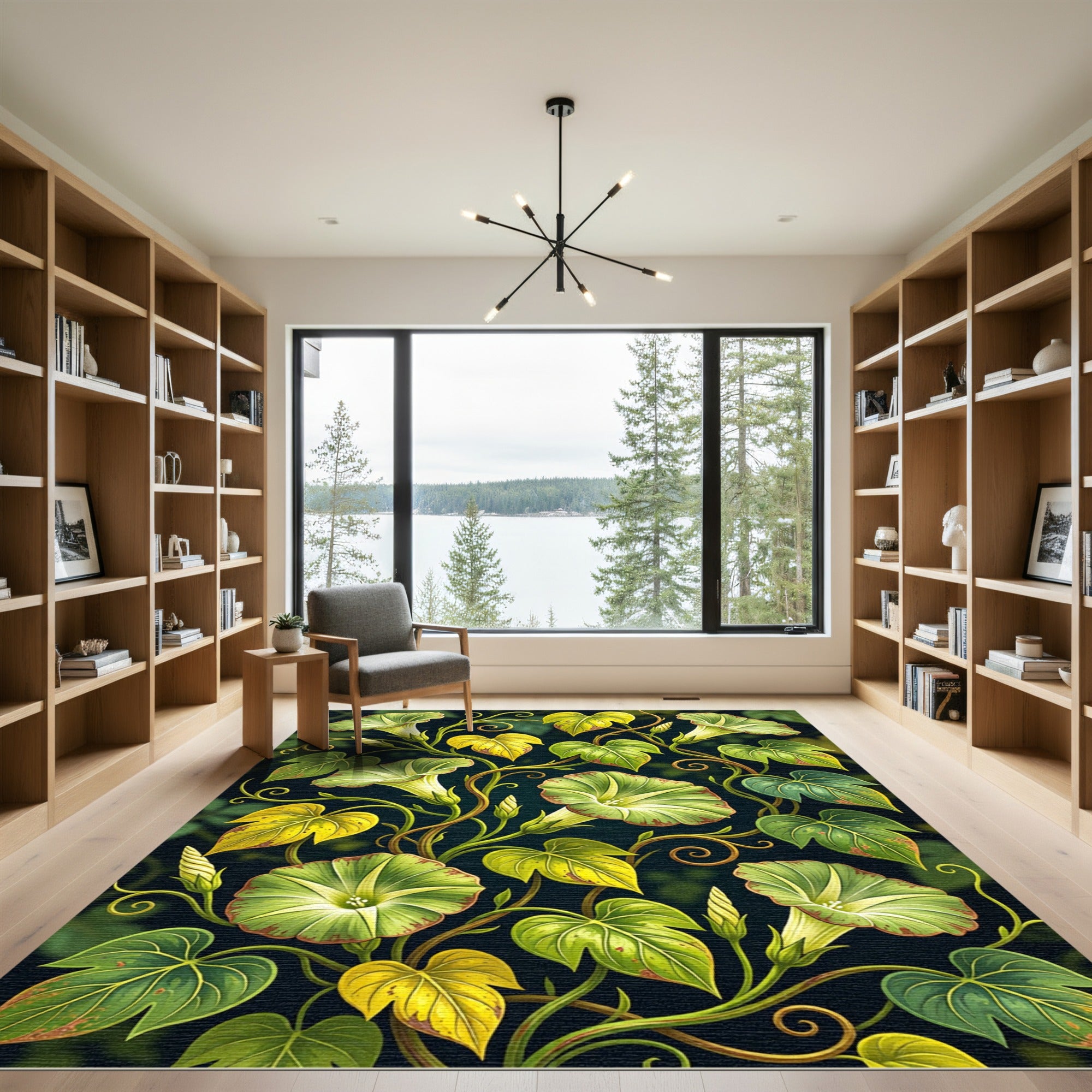 Lush Green Botanical Morning Glory Garden Rug