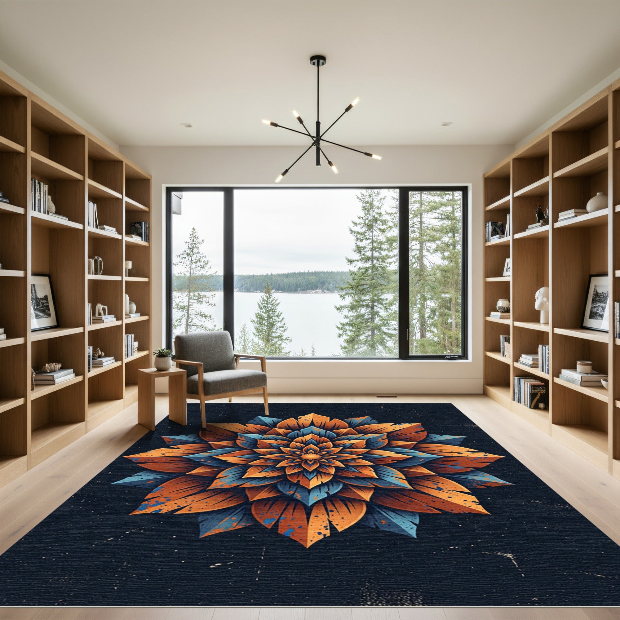Vibrant Golden Blue Floral Mandala Rug