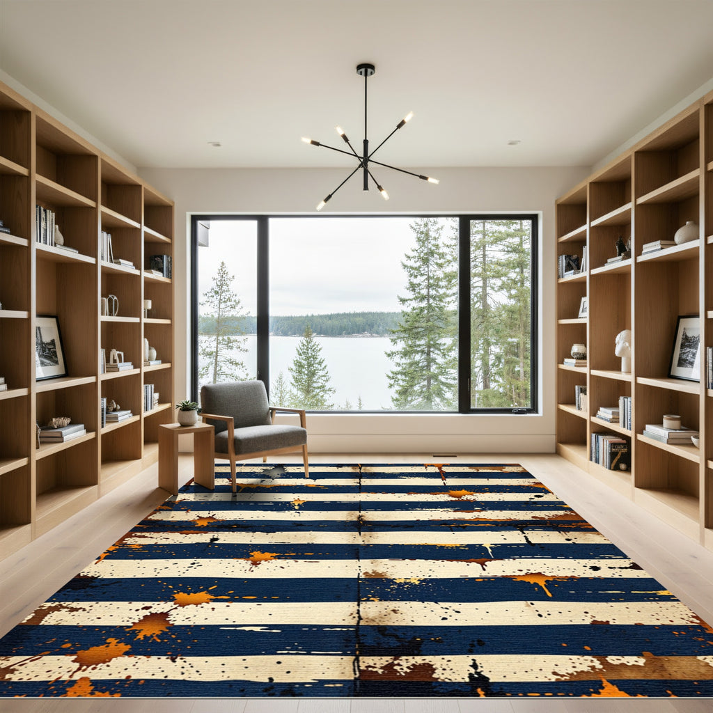 Distressed Navy and Ochre Horizontal Stripes Rug