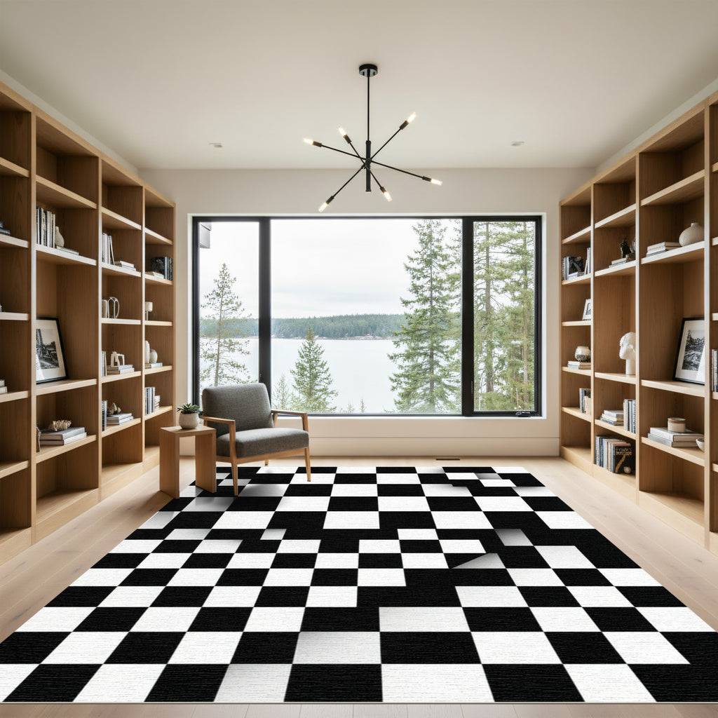 Monochrome Geometric Abstract Checkerboard Square Rug