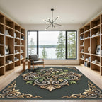 Elegant Sage Gold Acanthus Scroll Medallion Rug