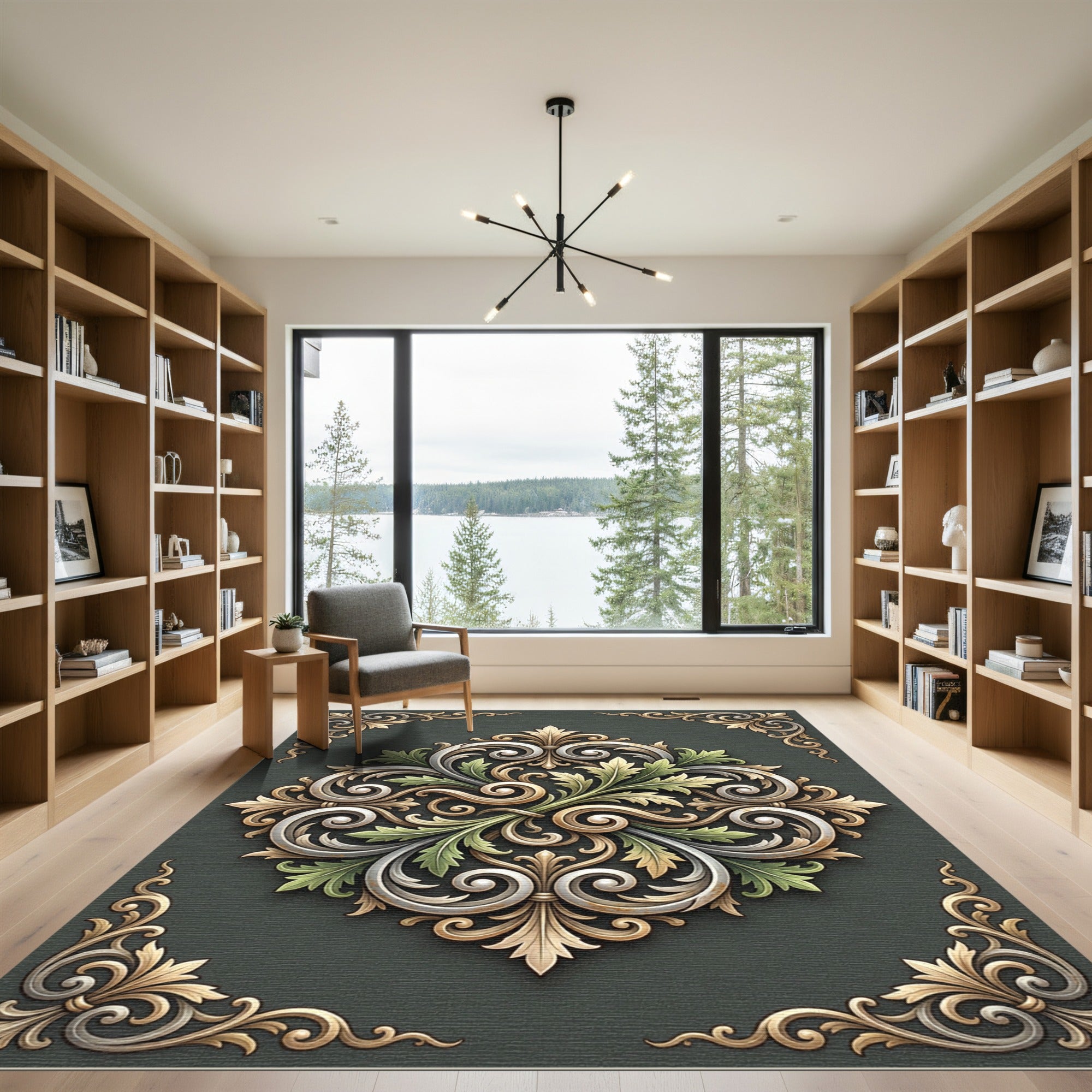 Elegant Sage Gold Acanthus Scroll Medallion Rug