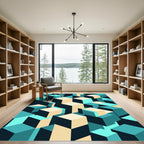 Geometric Teal Cream Cube Abstraction Rug