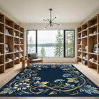Elegant Navy Blue Cornflower Botanical Frame Rug