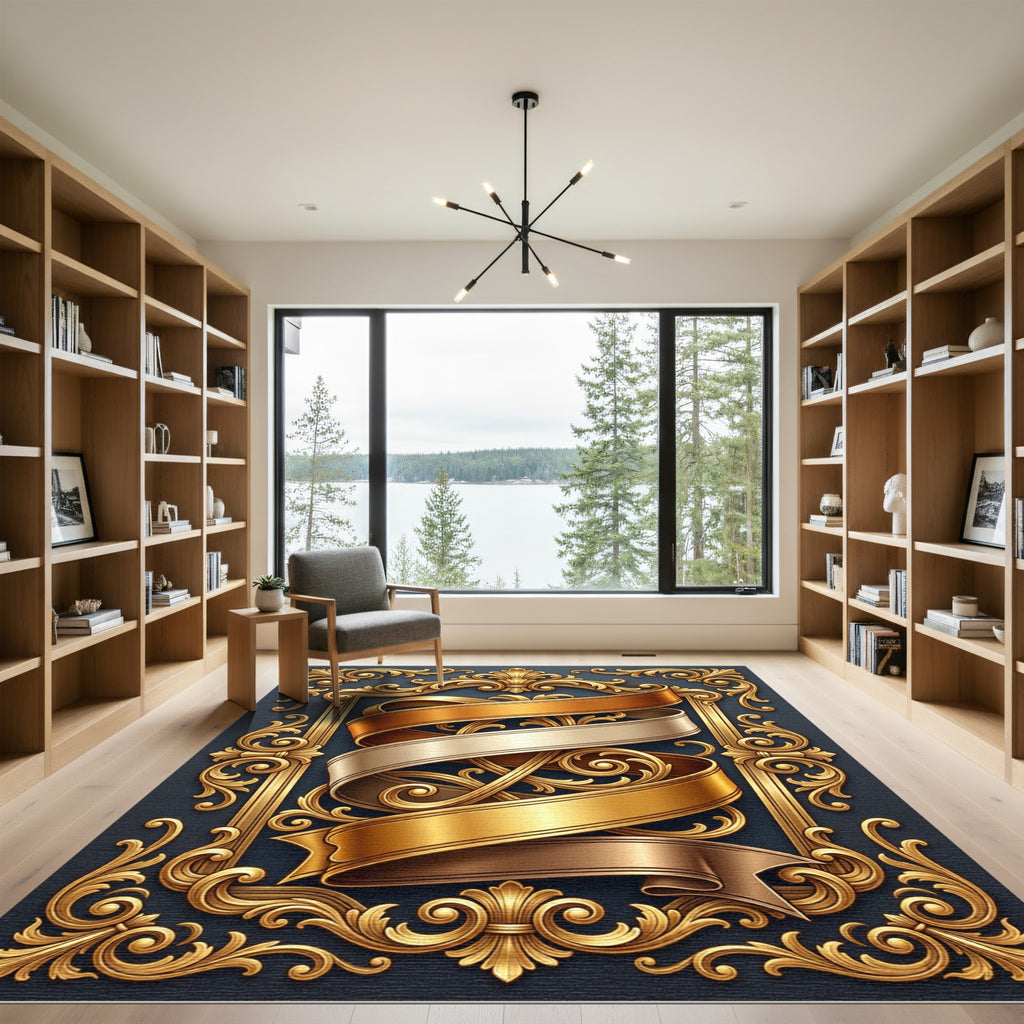 Ornate Gold Ribbon Scroll Frame Rug