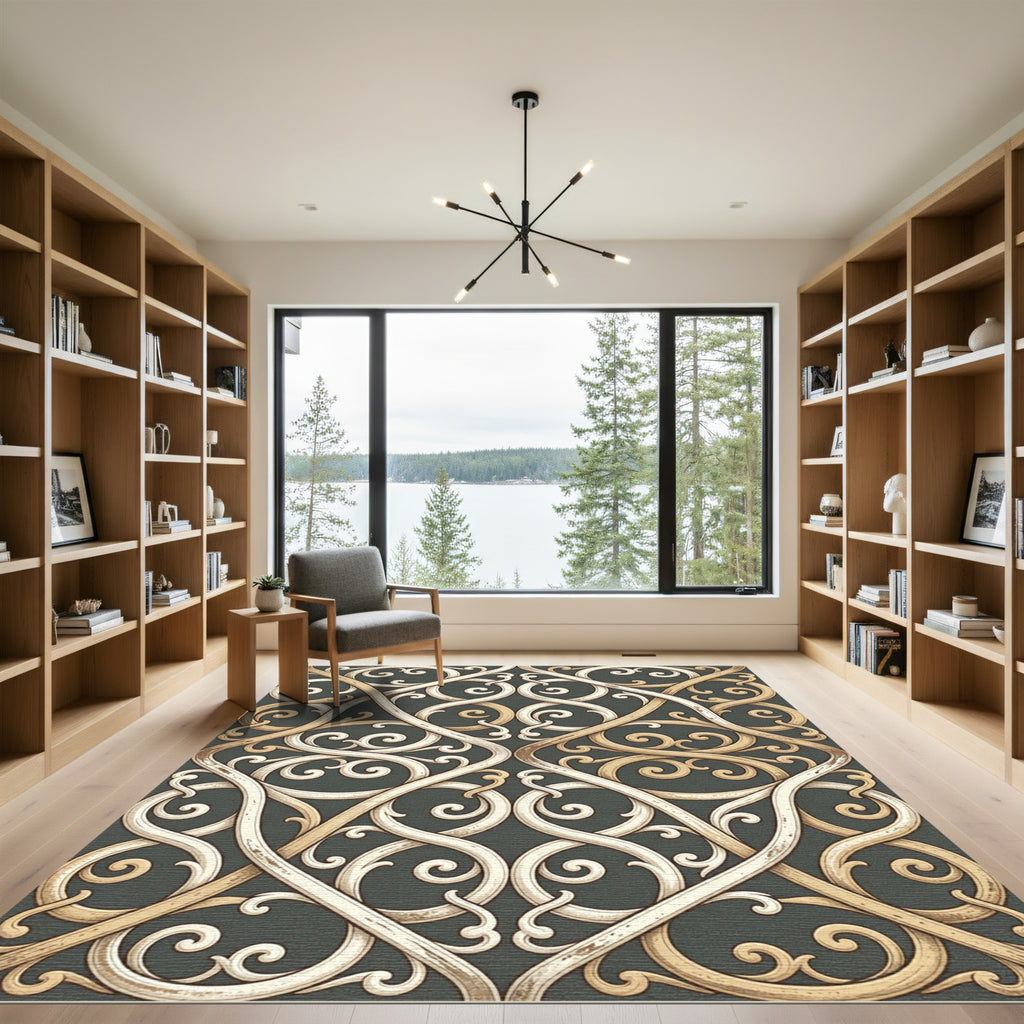 Gold and Cream Interlocking Scroll Rug