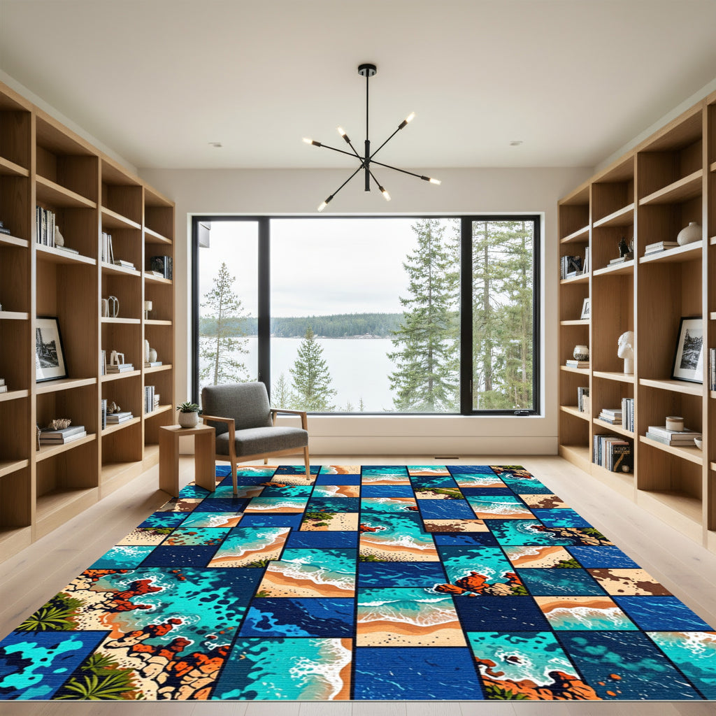 Coastal Abstract Aerial Turquoise Ocean Grid Rug