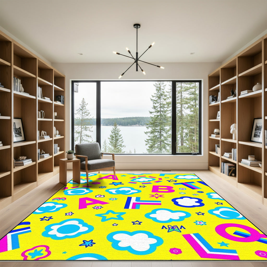 Vibrant Yellow Alphabet Clouds Stars Rug