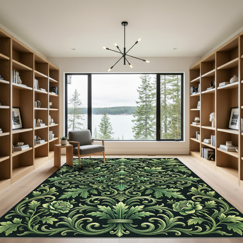Luxurious Emerald Foliage Botanical Damask Rug