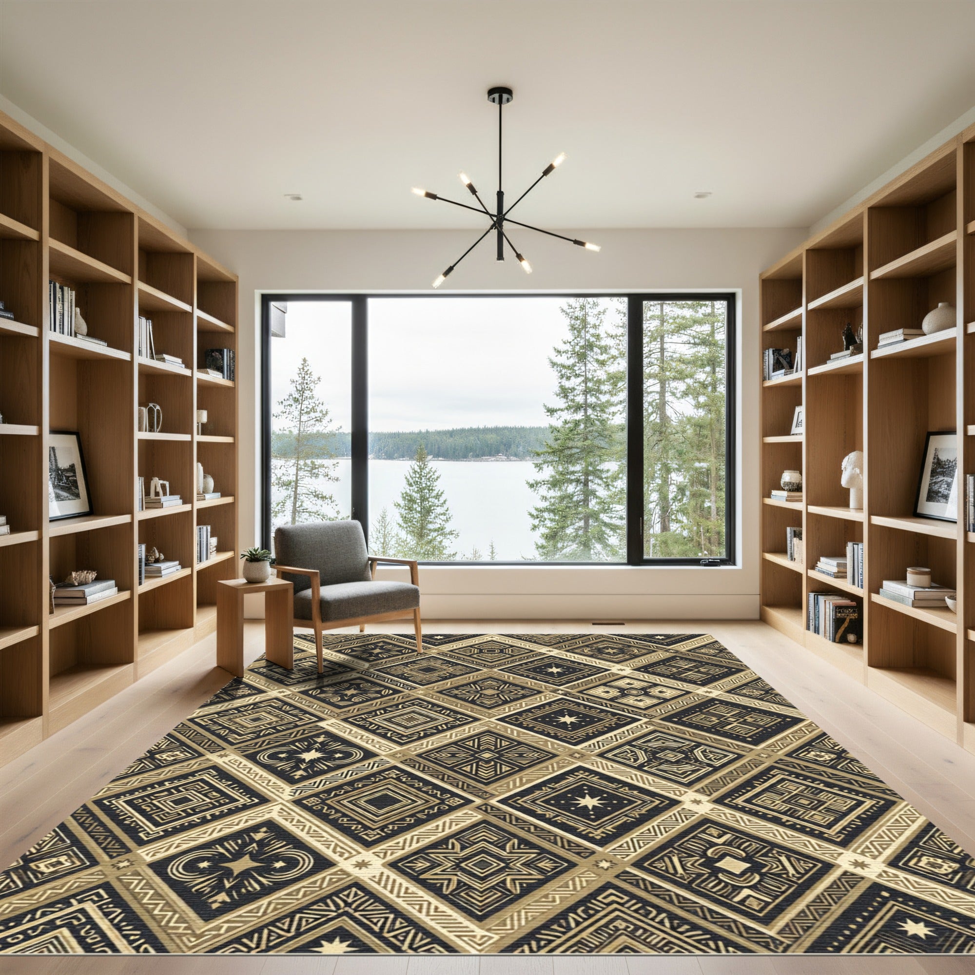 Gold Geometric Diamond Monochrome Folk Art Rug