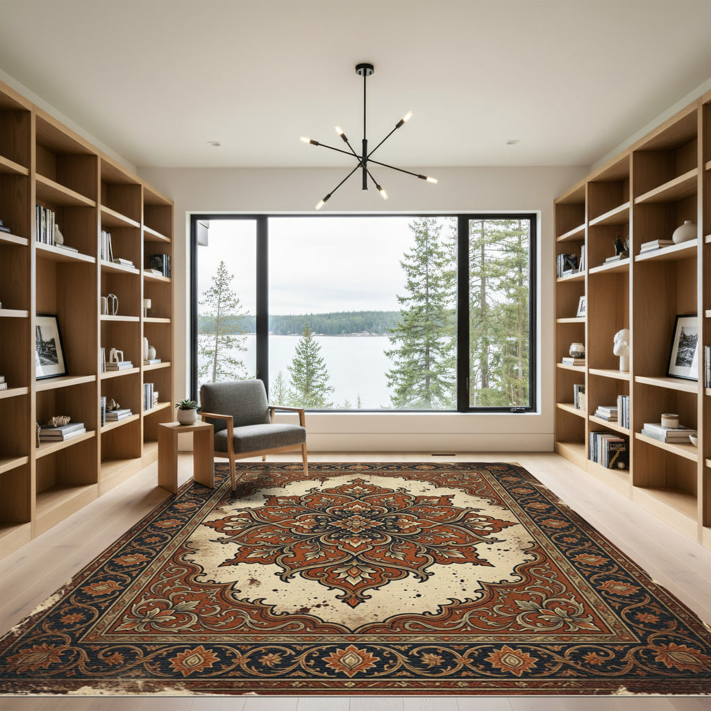 Terracotta Floral Medallion Intricate Frame Rug