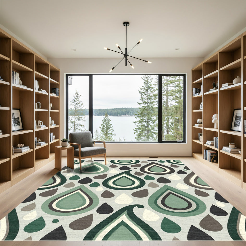 Mid-Century Sage Green Teardrop Abstract Rug