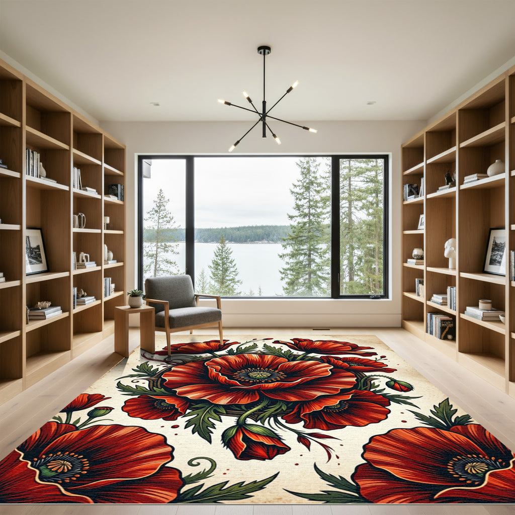 Vibrant Scarlet Poppy Floral Garland Rug