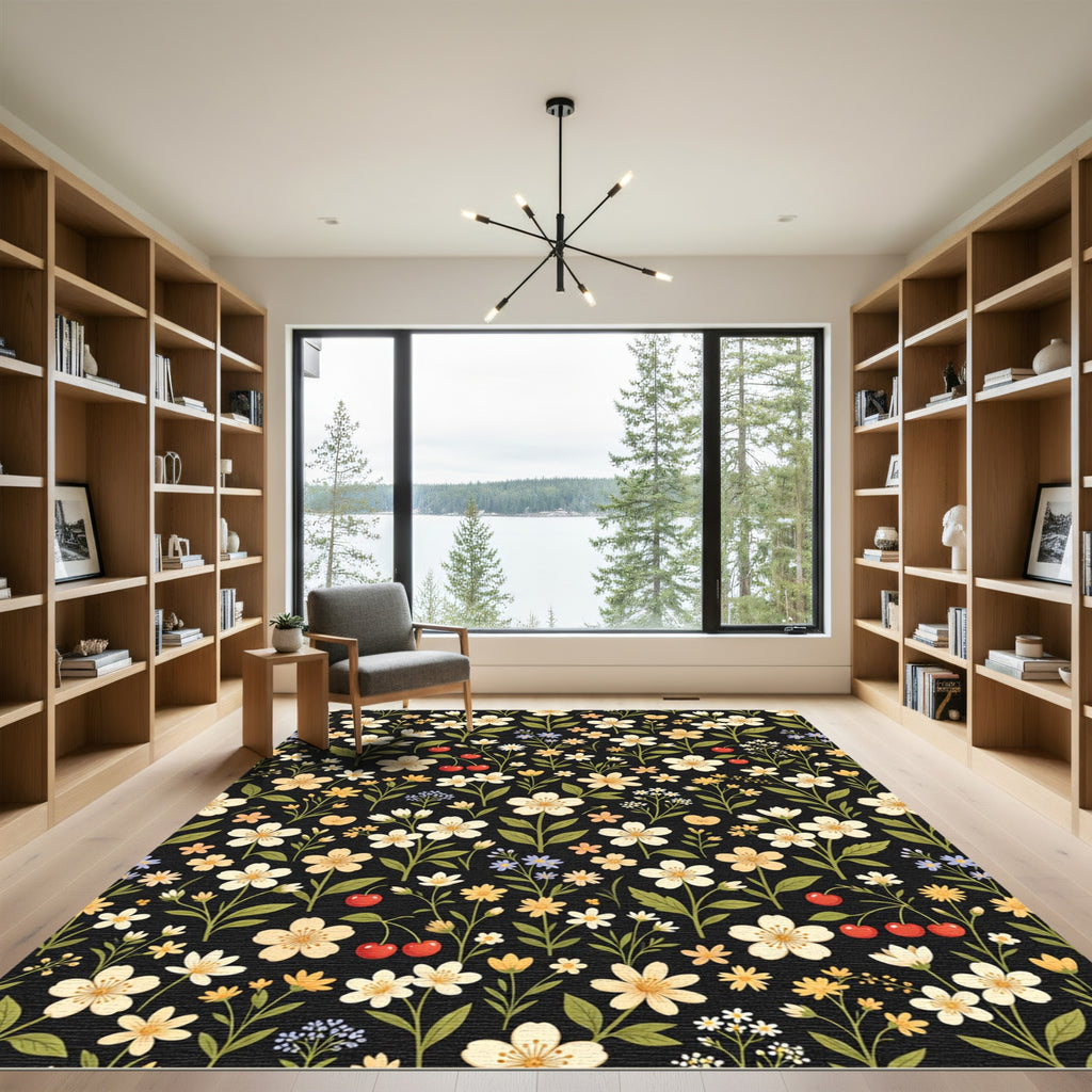 Black Floral Cherry Blossom Meadow Rug