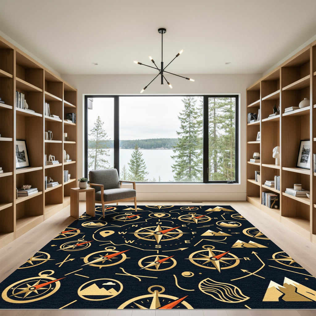 Golden Navigation Compass Mountains Night Rug