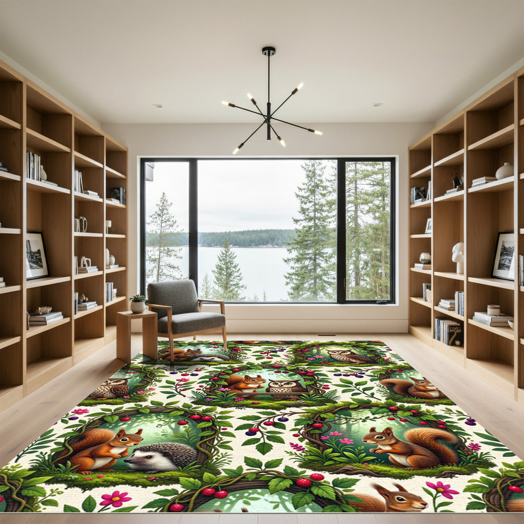 Whimsical Woodland Creature Forest Botanical Art Rug