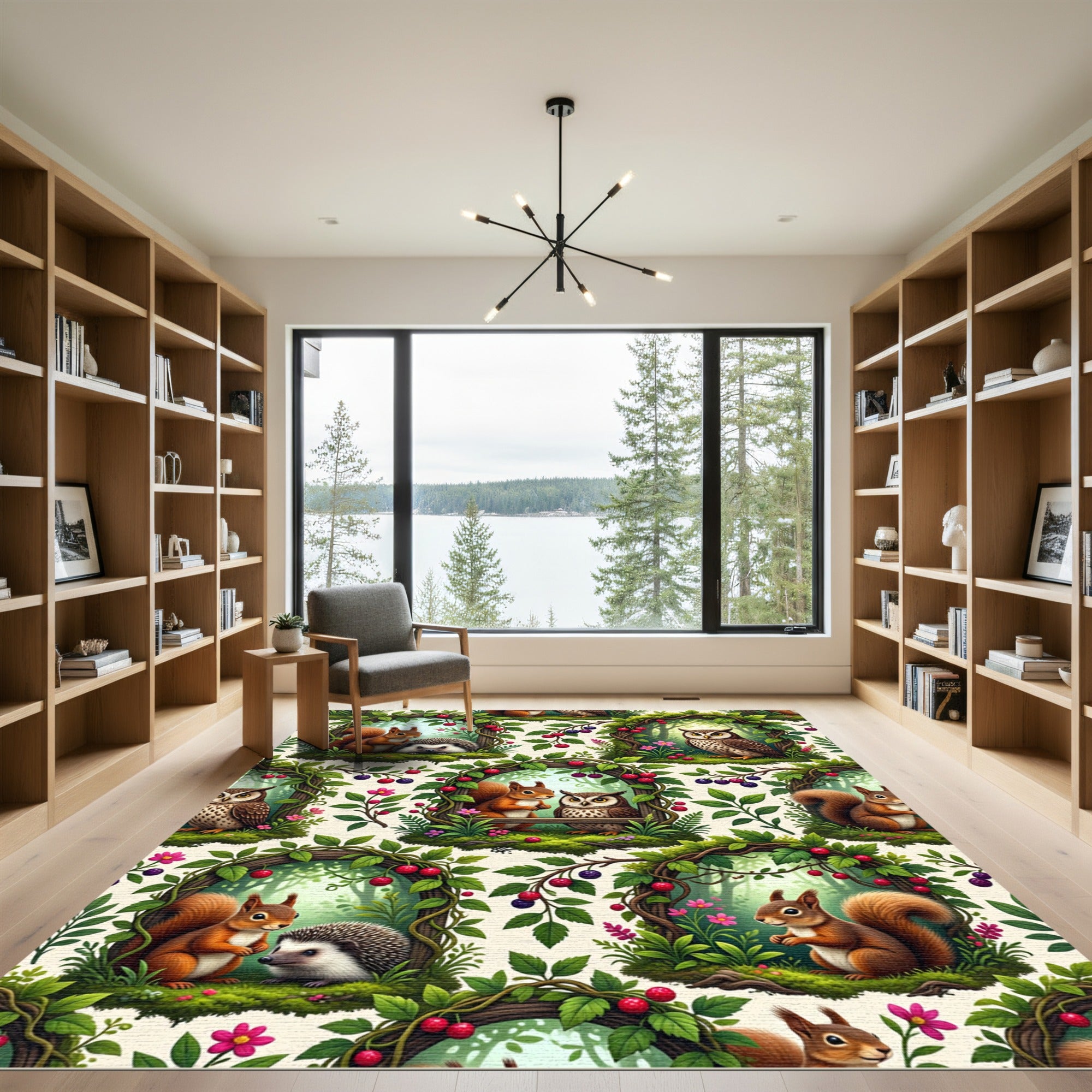 Whimsical Woodland Creature Forest Botanical Art Rug