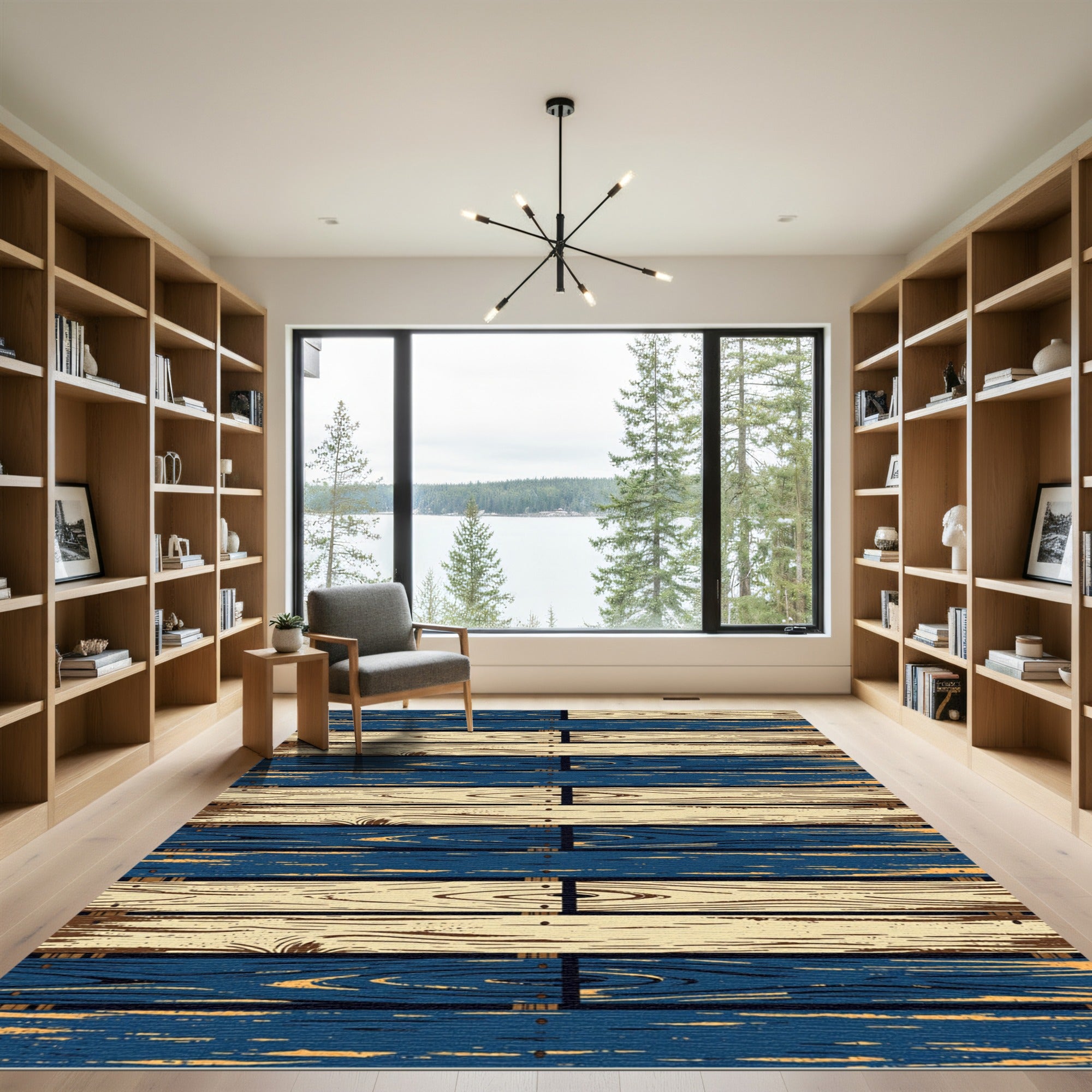 Rustic Navy and Cream Striped Planks Rug