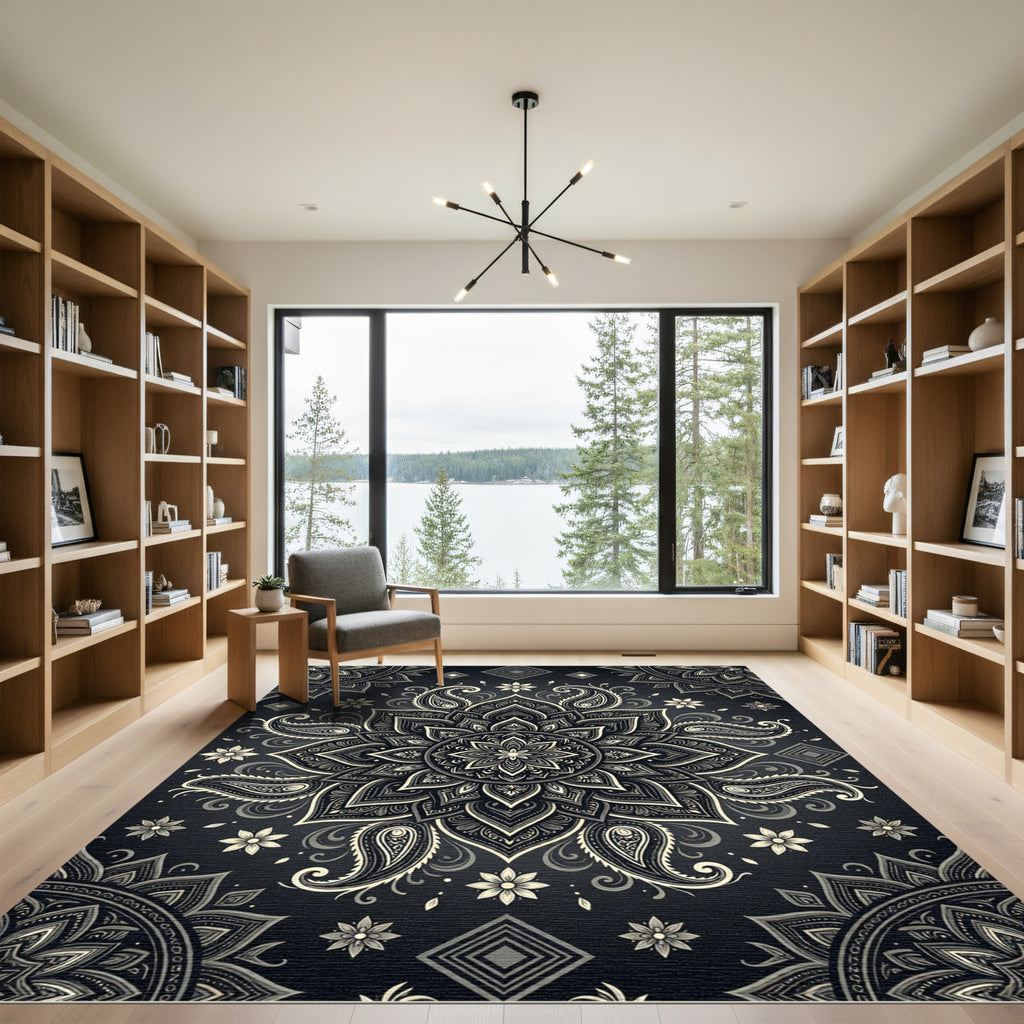 Elegant Monochrome Paisley Floral Mandala Rug