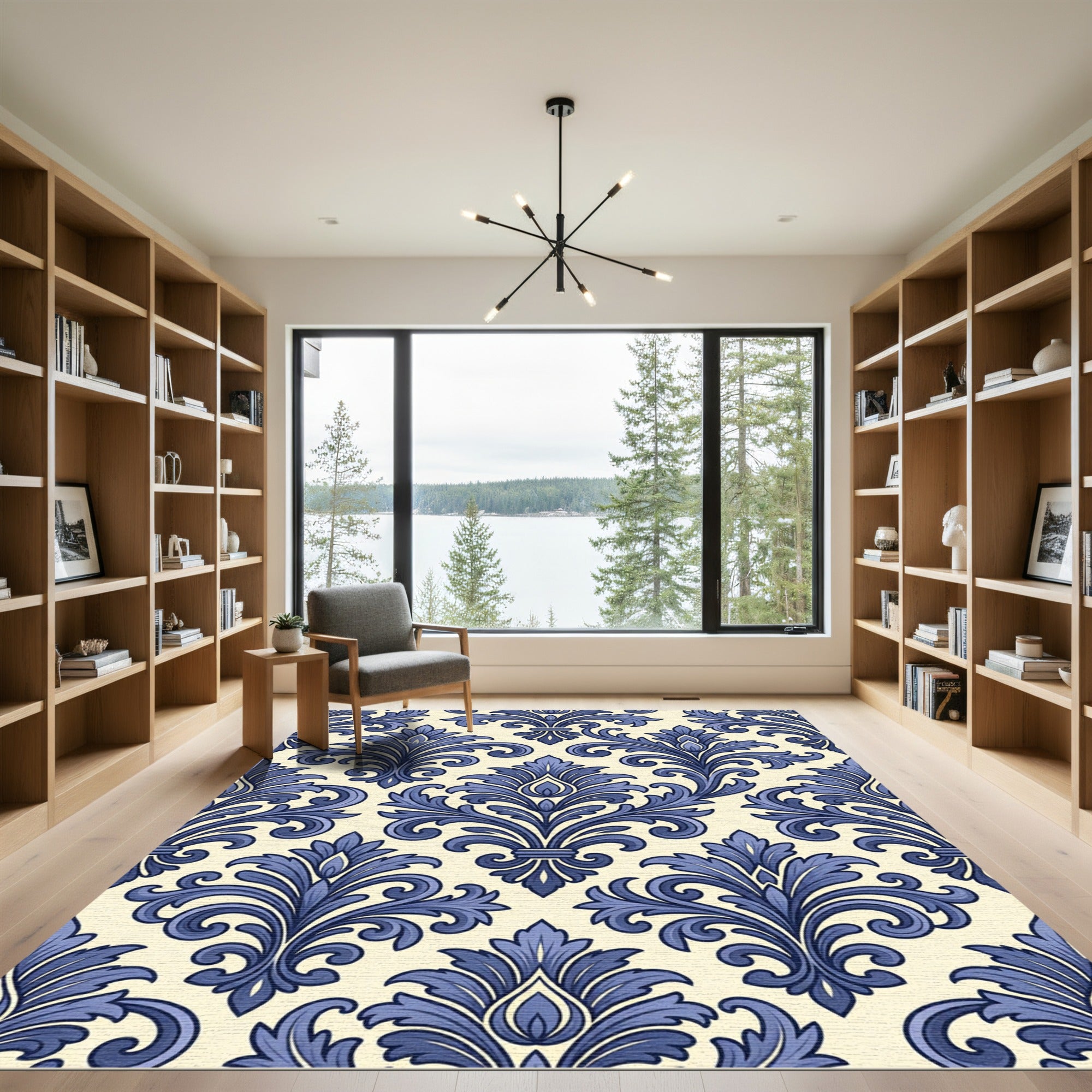 Sophisticated Navy Blue Damask Scroll Rug