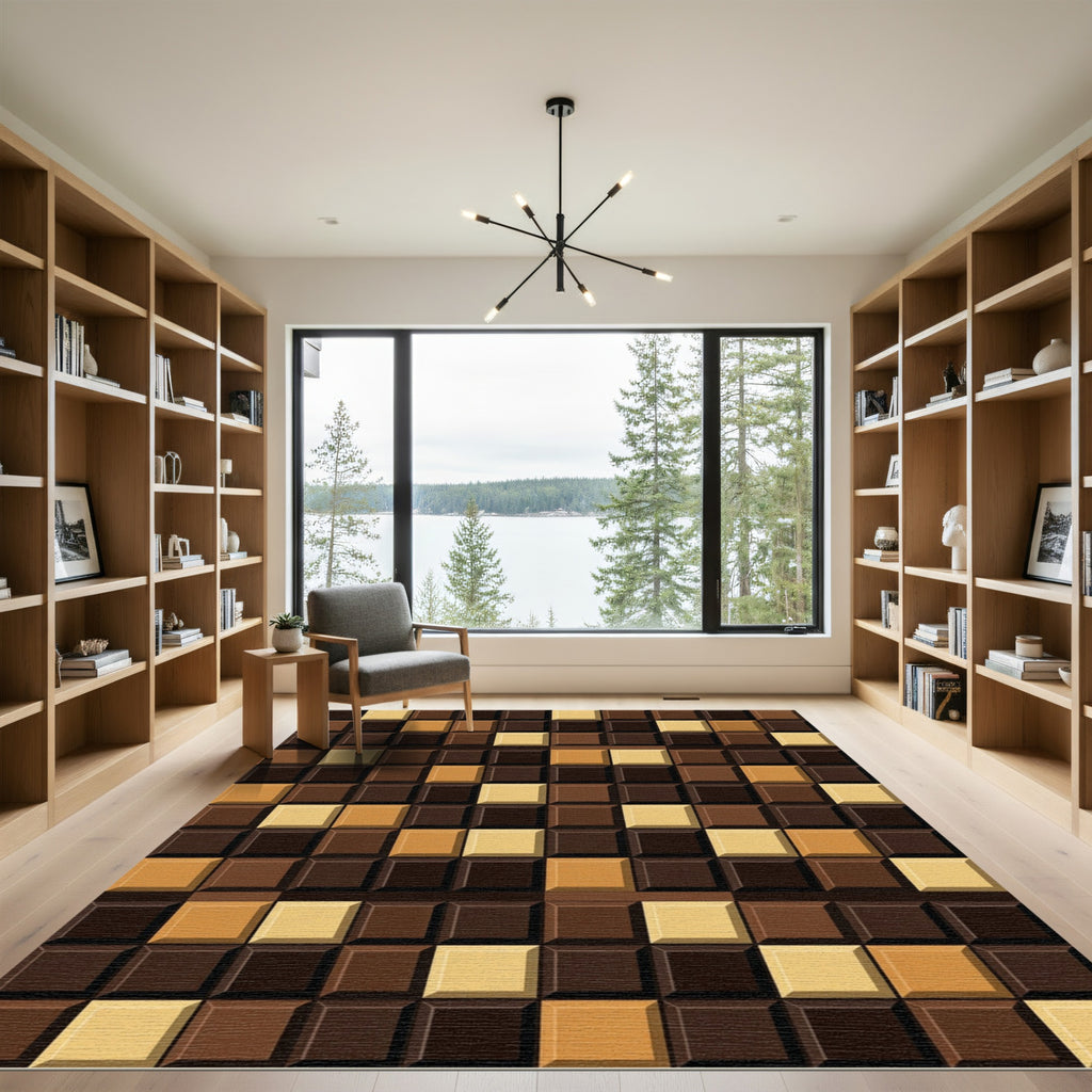 Geometric Chocolate Brown Tiled Mosaic Rug