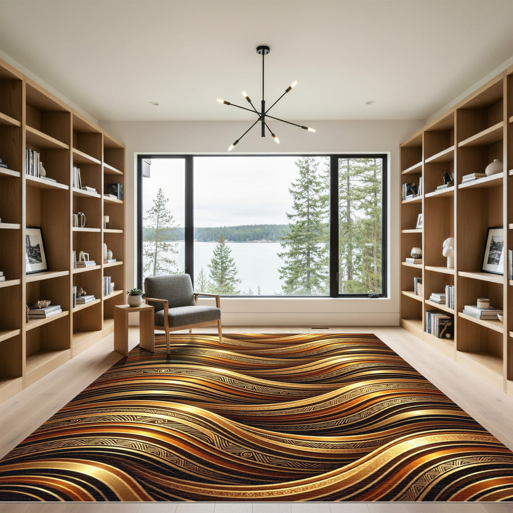 Golden Liquid Waves with Tribal Accents Rug