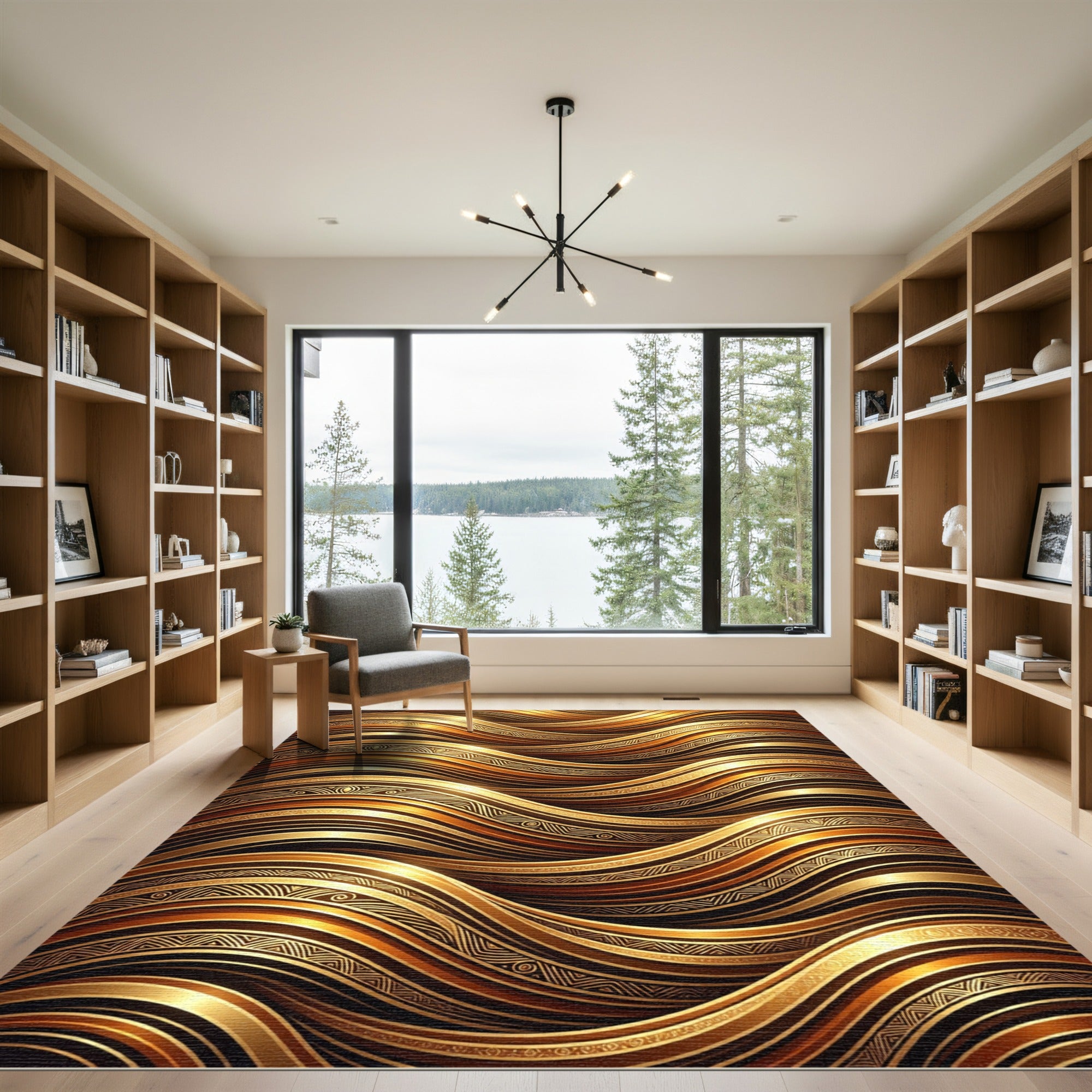 Golden Liquid Waves with Tribal Accents Rug