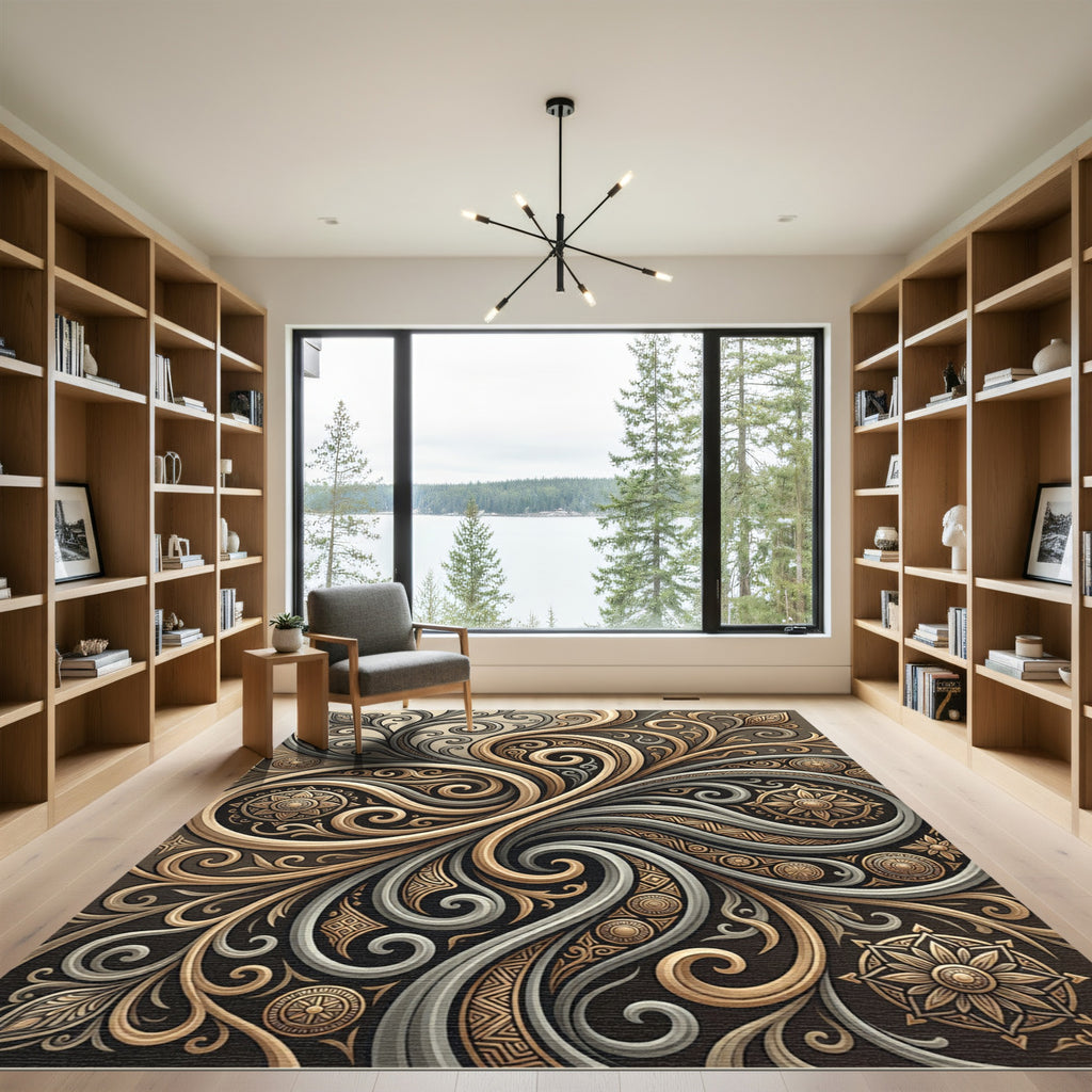 Elegant Gold and Taupe Swirling Scroll Rug