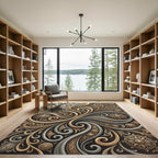 Elegant Gold and Taupe Swirling Scroll Rug