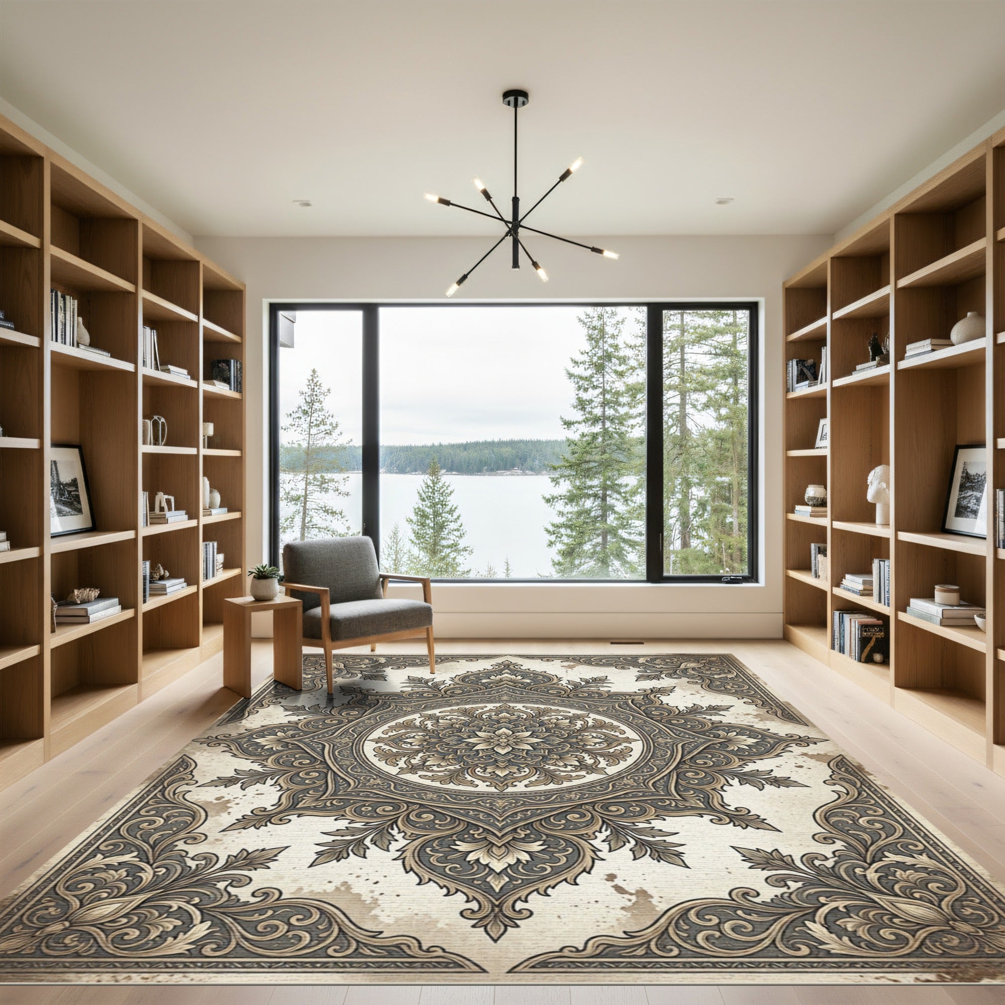 Ornate Neutral Floral Medallion Scroll Rug