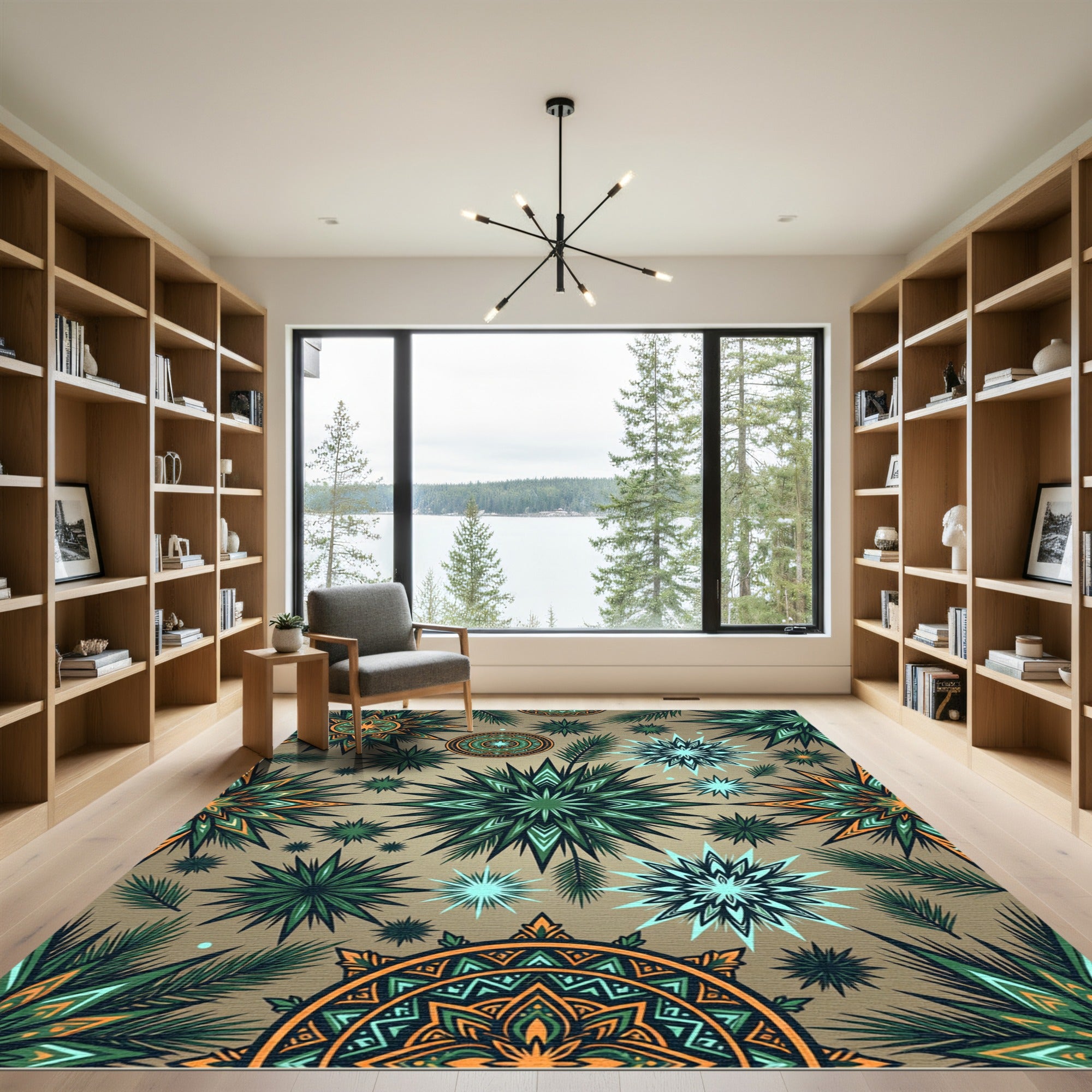Green Orange Starburst Mandala Rug