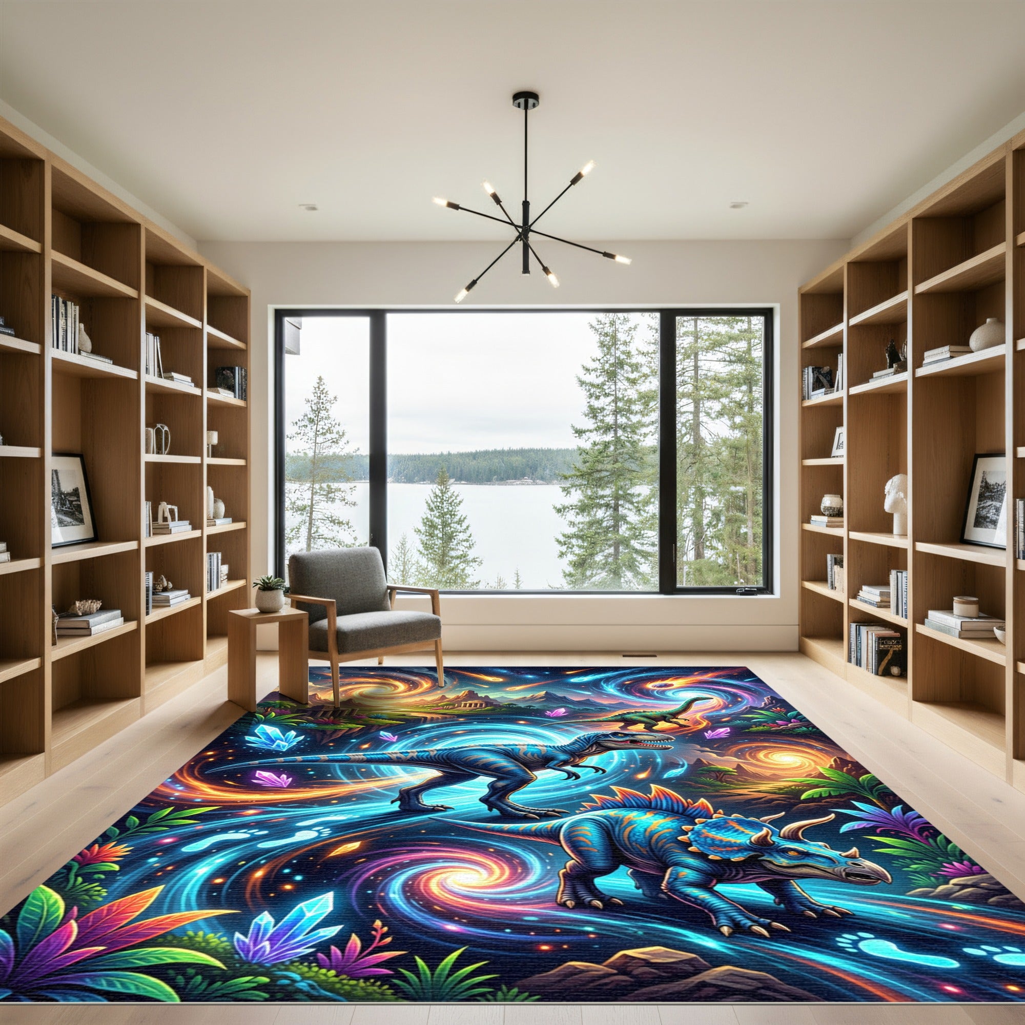 Cosmic Neon Dinosaur Galaxy Landscape Rug