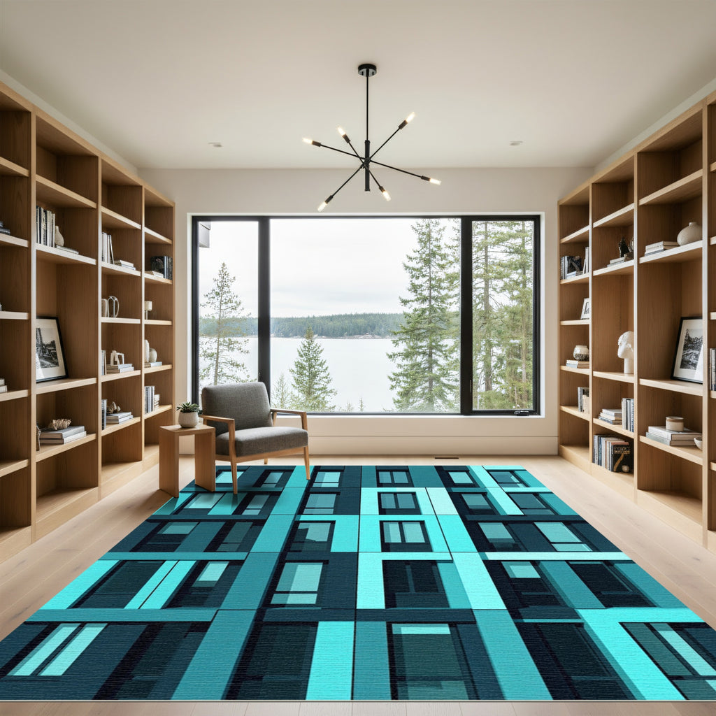 Modern Teal Geometric Grid Rectangles Rug
