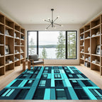 Modern Teal Geometric Grid Rectangles Rug