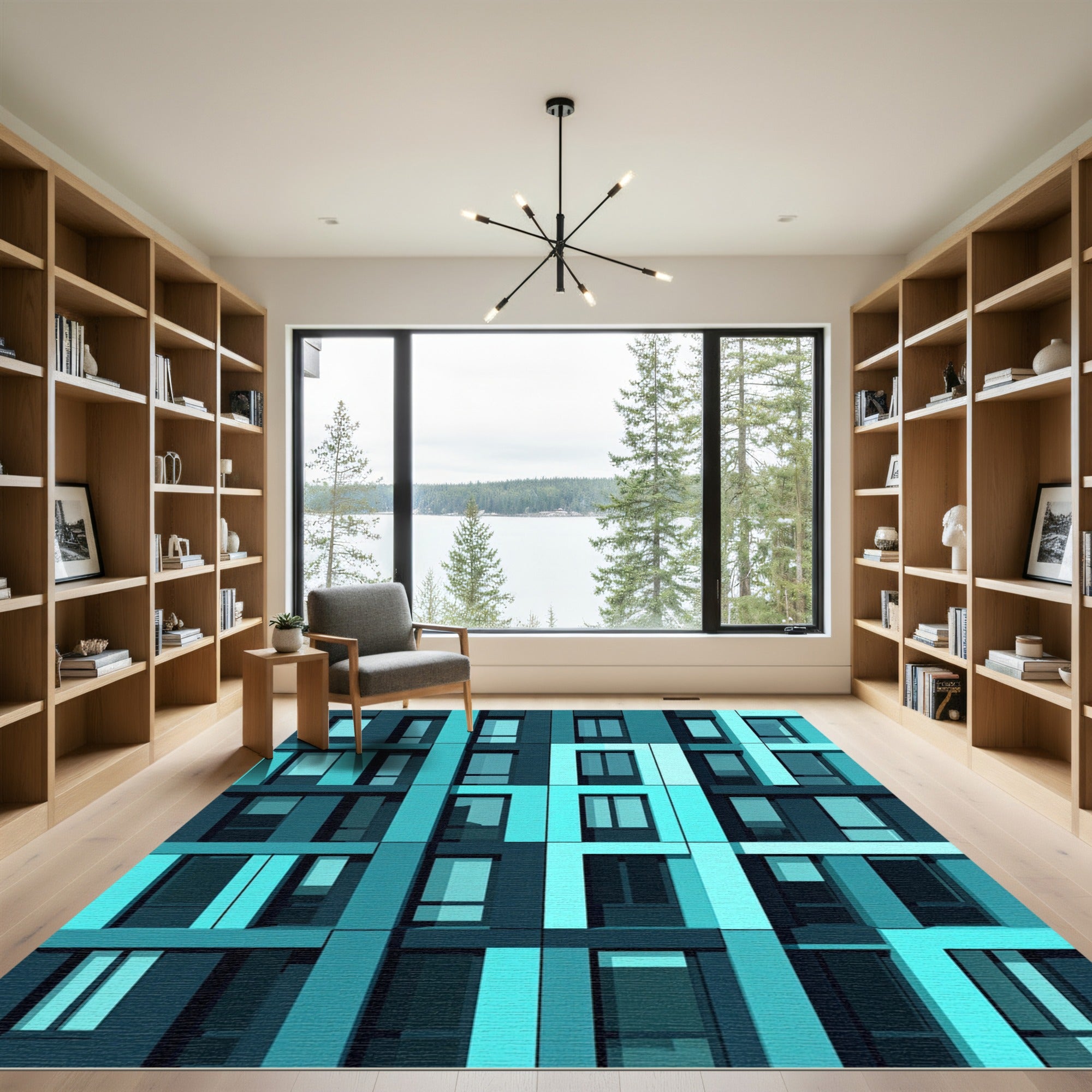 Modern Teal Geometric Grid Rectangles Rug