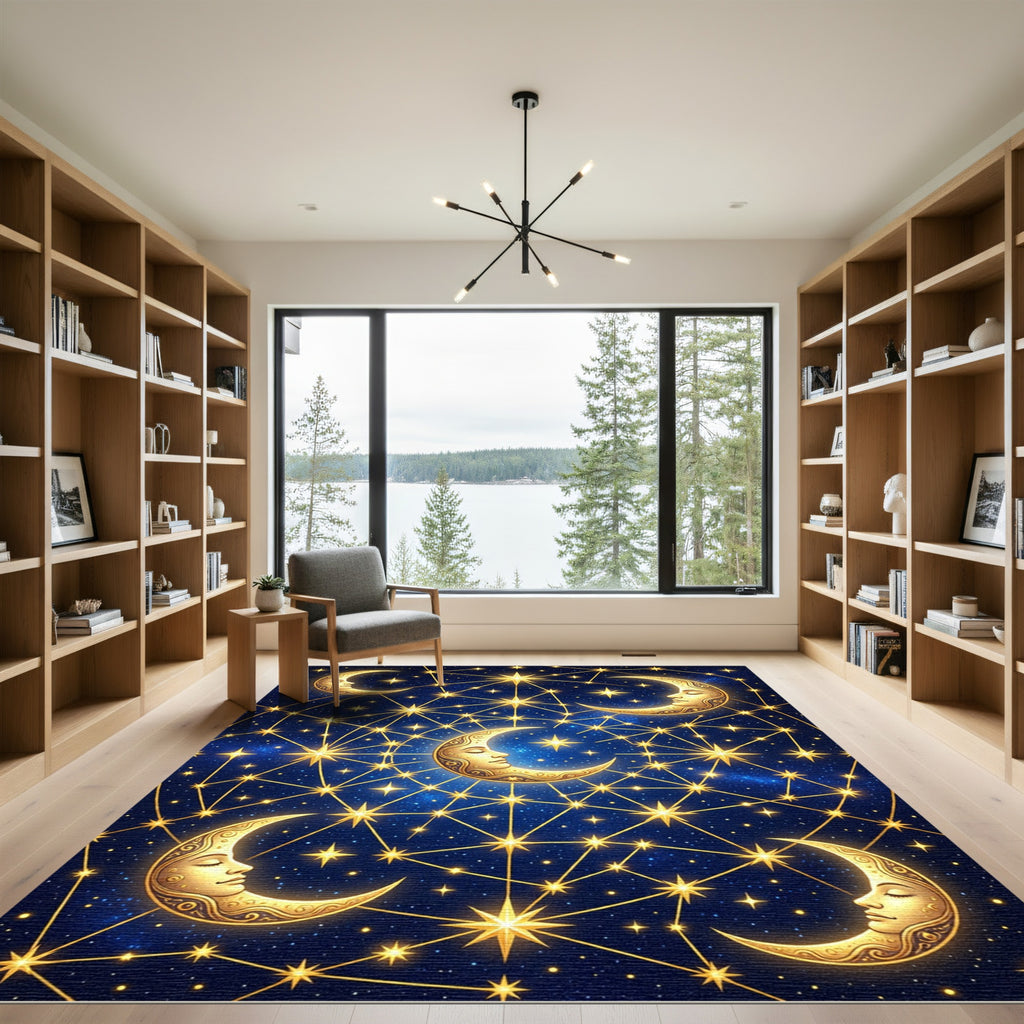 Celestial Gold Crescent Moon Starry Night Rug