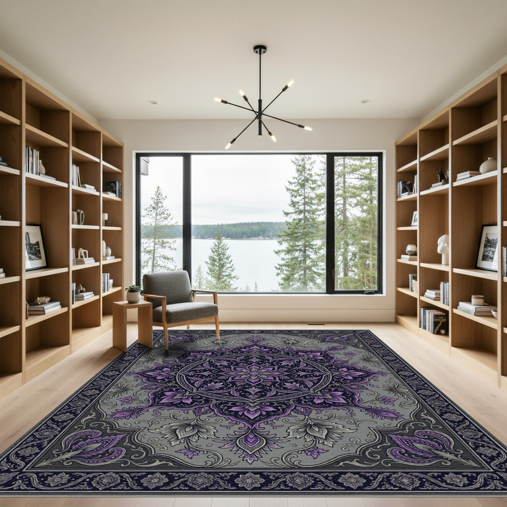 Elegant Violet Floral Medallion Charcoal Tapestry Rug