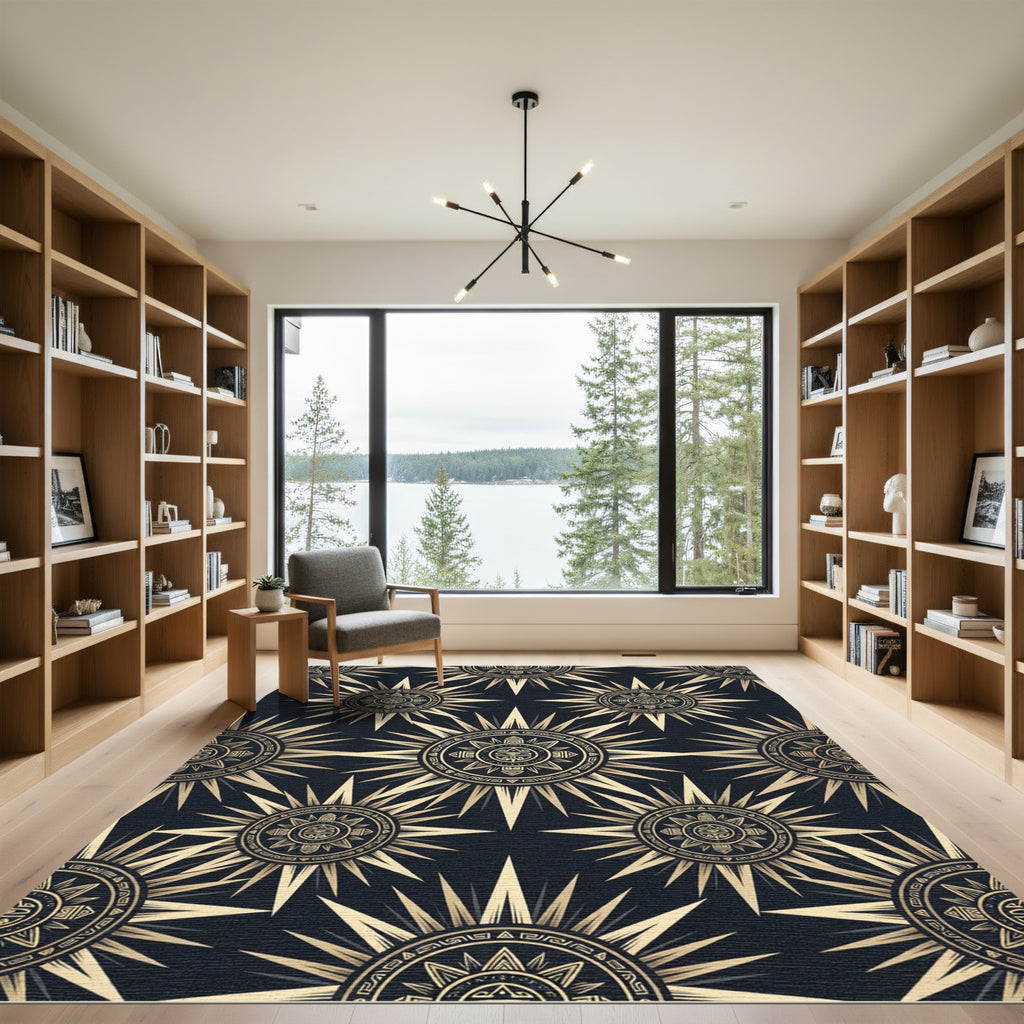 Celestial Gold Sunburst Geometric Black Rug