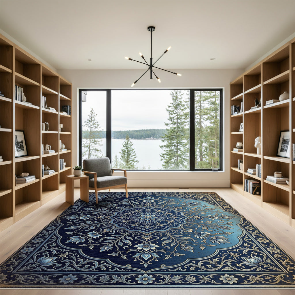 Elegant Navy Floral Medallion Flourish Rug