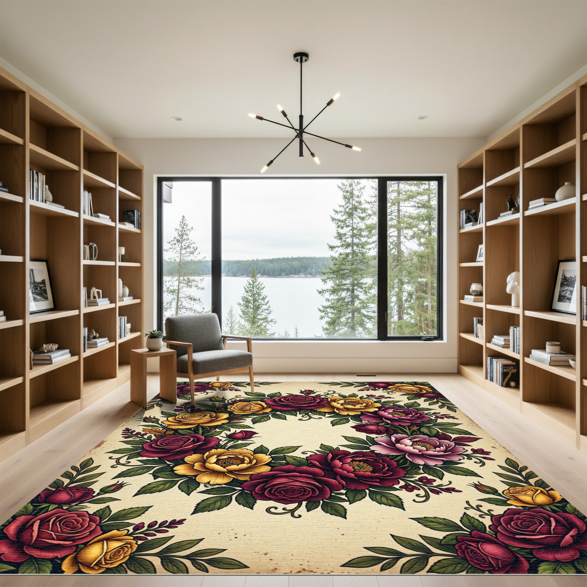 Lush Crimson and Gold Floral Wreath Rug